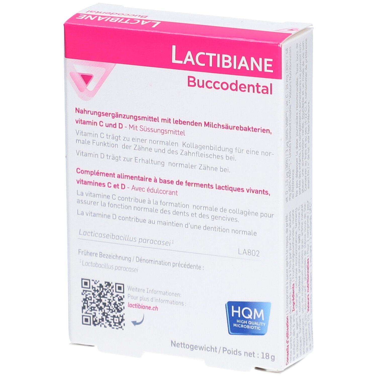 Dos de la boîte Lactibiane Buccodental. Texte sur les ingrédients et la valeur nutritionnelle. Logo HQM microbes.