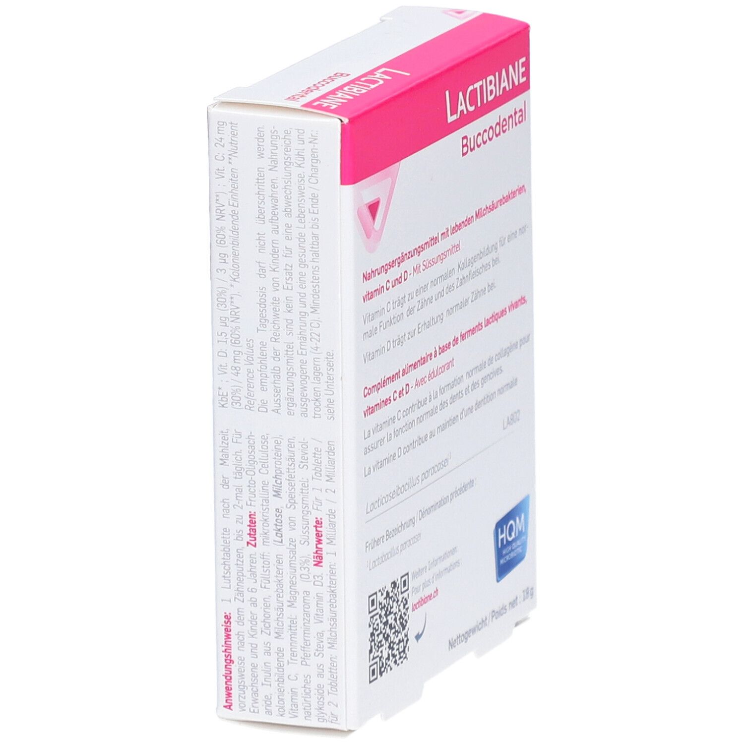 Boîte Lactibiane Buccodental, en biais. Texte sur ingrédients et valeur nutritionnelle. Logo HQM microbes.