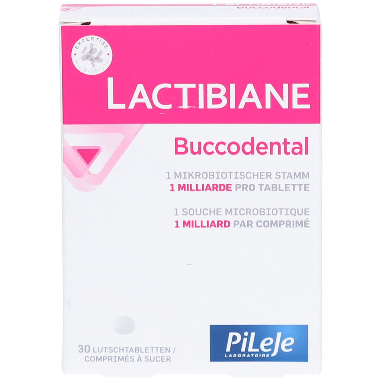 Boîte Lactibiane Buccodental. Emballage rose et blanc. 30 comprimés à sucer. Logo Pileje.