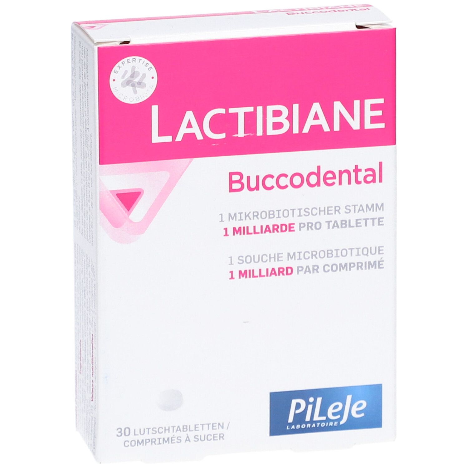 Boîte Lactibiane Buccodental. Emballage rose et blanc. 30 comprimés à sucer. Logo Pileje.