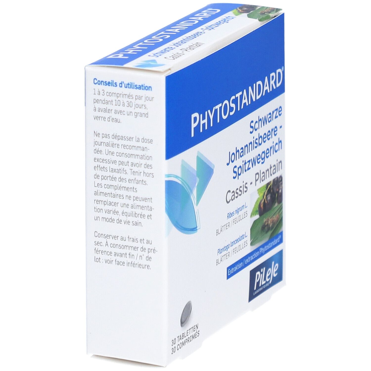 Boîte PHYTOSTANDARD Schwarze Johannisbeere-Spitzwegerich. 30 comprimés. Vue latérale avec texte et logo PILEJE.