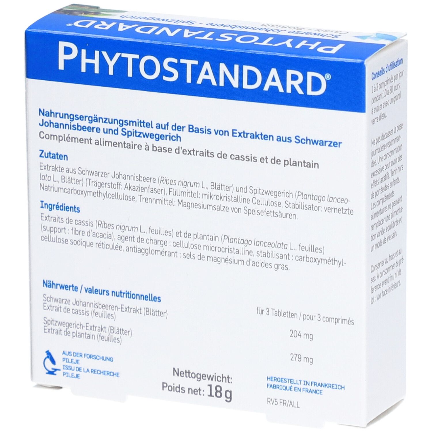 Dos de la boîte PHYTOSTANDARD. Texte sur les ingrédients et valeurs nutritionnelles. Logo PILEJE. Poids net 18g.