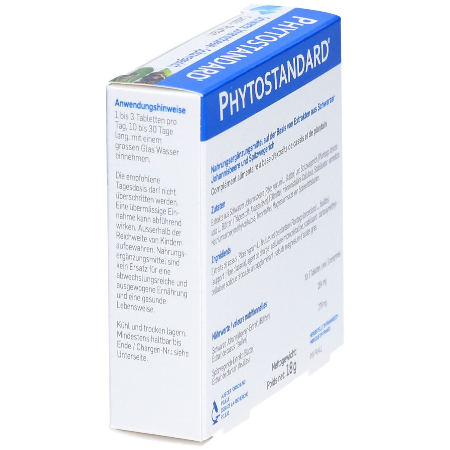 Boîte PHYTOSTANDARD. Texte sur les instructions d'utilisation et valeurs nutritionnelles. Logo PILEJE. Poids net 18g.