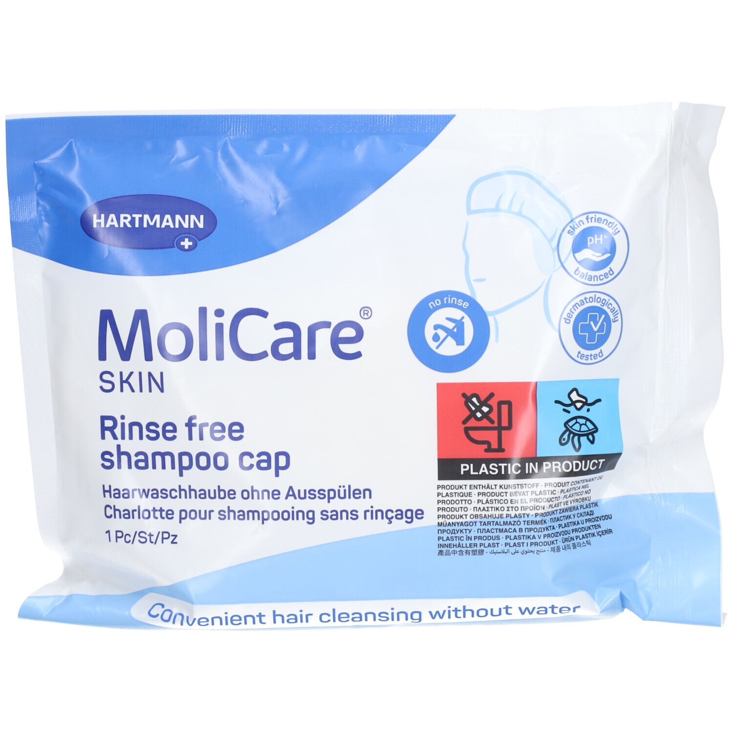 Verpackung mit MoliCare Skin Rinse free Shampoo Cap. Blaue und weiße Verpackung mit Produktinformationen und Logo.