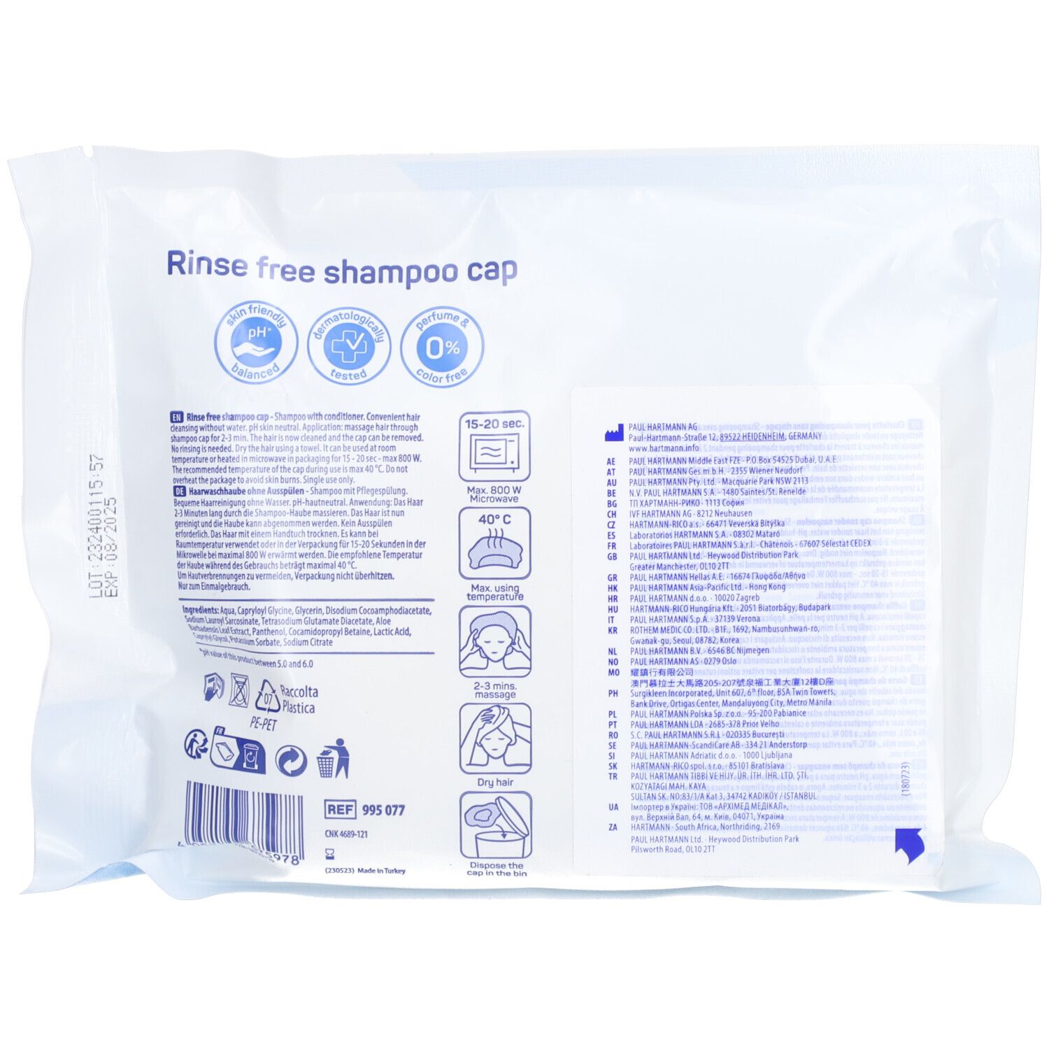 Rückseite der Verpackung von MoliCare Skin Rinse free Shampoo Cap. Enthält Informationen, Piktogramme und Barcode.