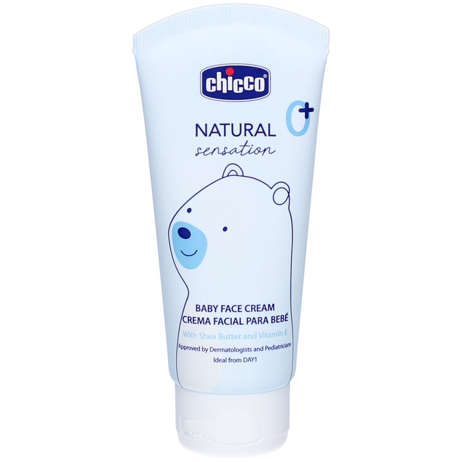 Hellblaue Tube mit weißem Verschluss. Aufschrift: Chicco, Natural Sensation, Baby Face Cream. Abbildung eines Bären. Mit Sheabutter und Vitamin E.