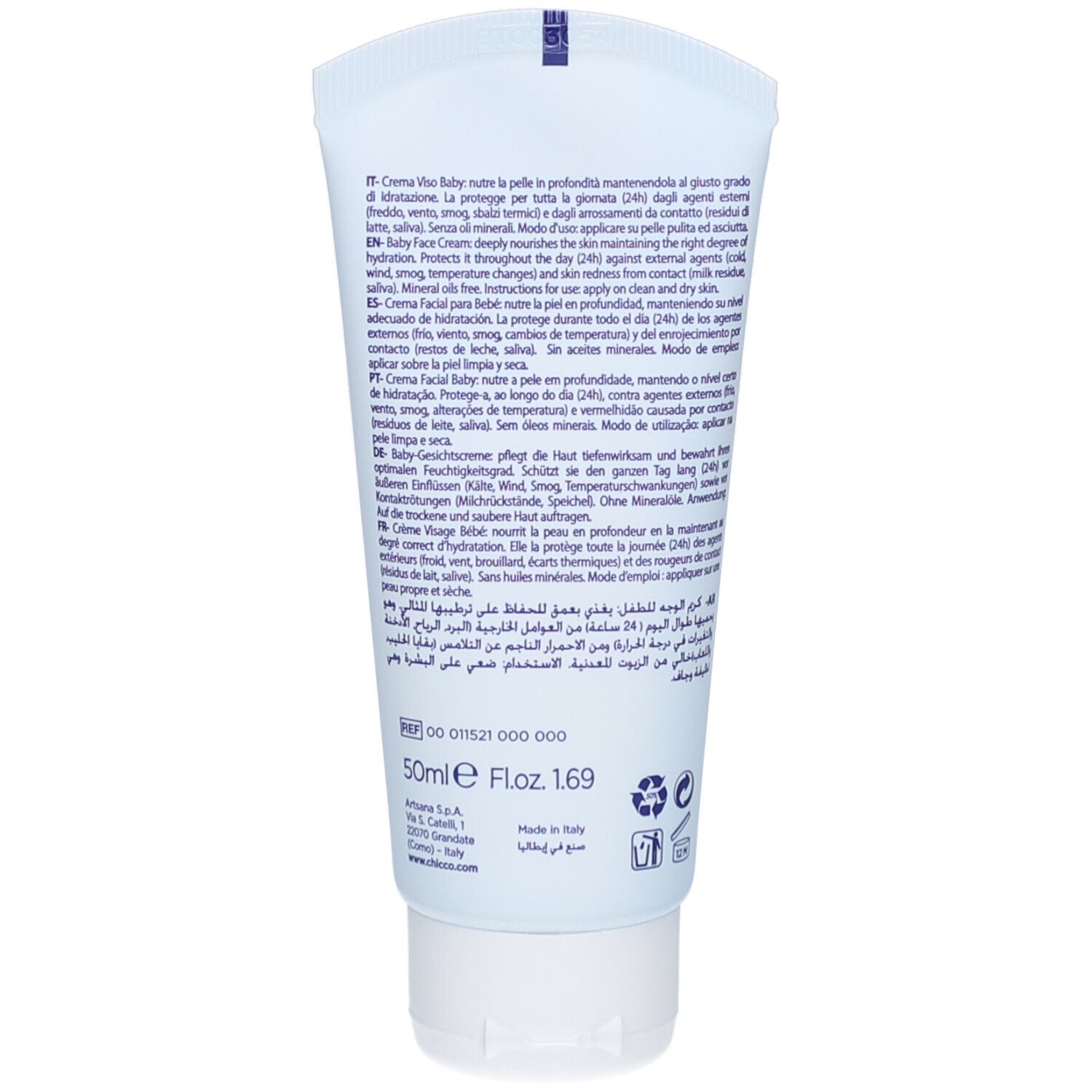 Rückseite einer hellblauen Tube. Text in mehreren Sprachen. Enthält Informationen über das Produkt und Inhaltsstoffe. 50ml.