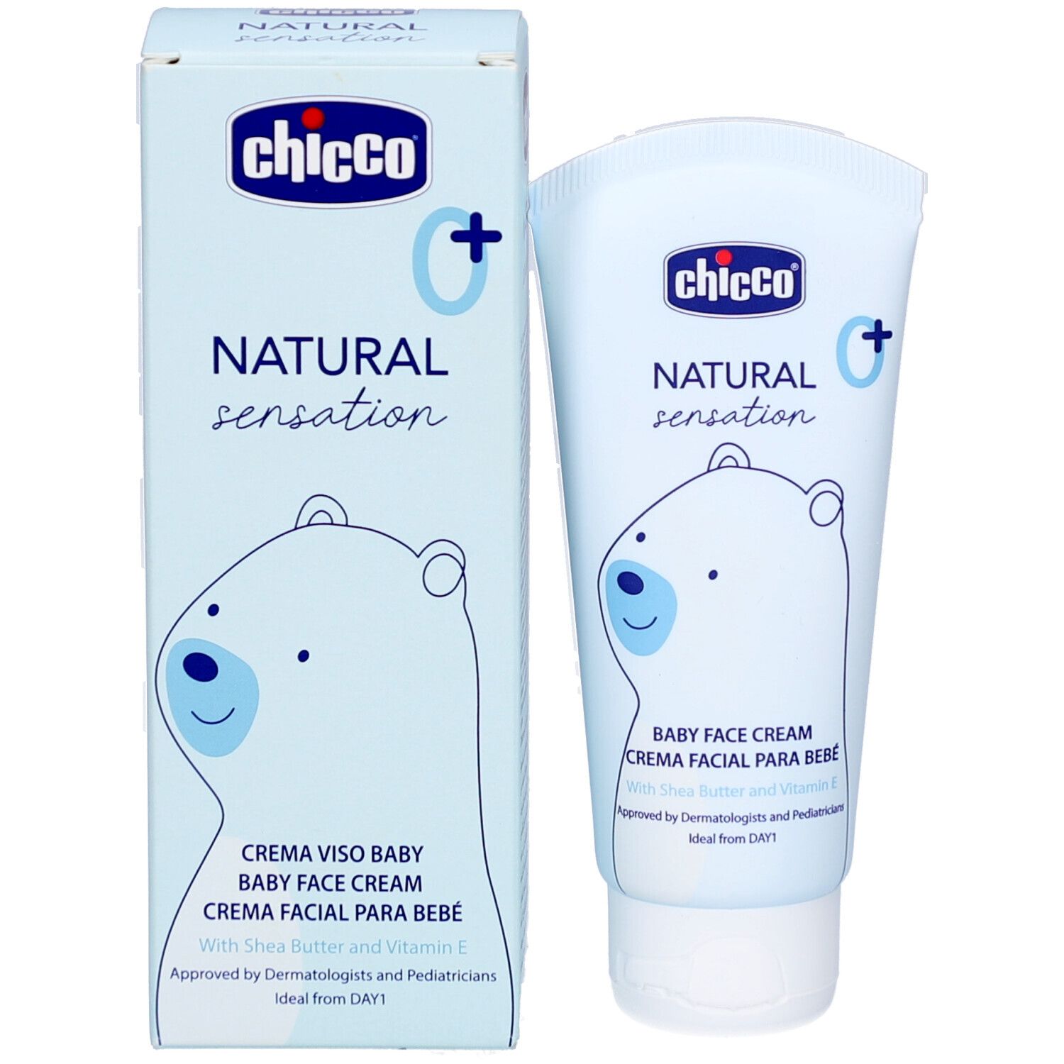 Hellblaue Verpackung und Tube. Aufschrift: Chicco, Natural Sensation, Baby Face Cream. Abbildung eines Bären. Mit Sheabutter und Vitamin E.