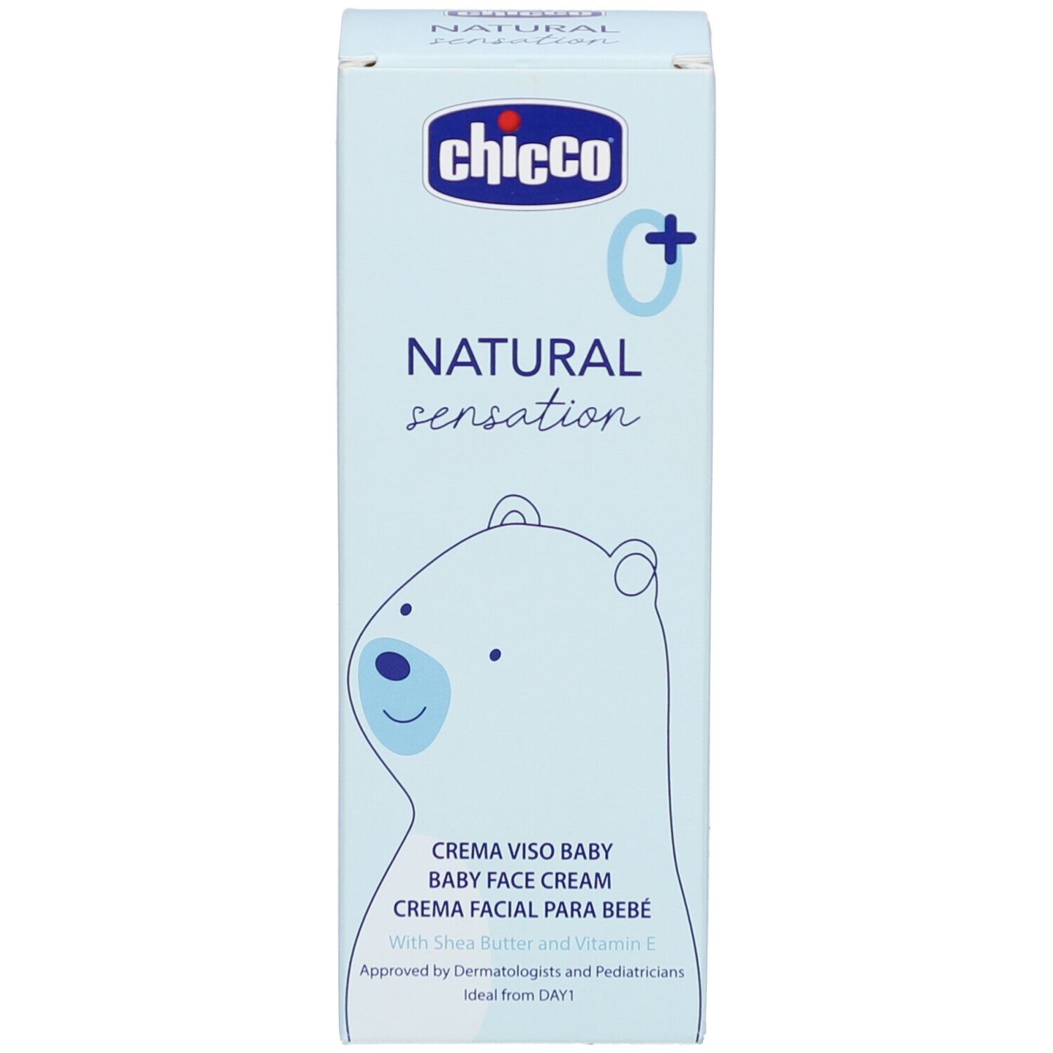 Hellblaue Verpackung. Aufschrift: Chicco, Natural Sensation, Baby Face Cream. Abbildung eines Bären. Mit Sheabutter und Vitamin E.