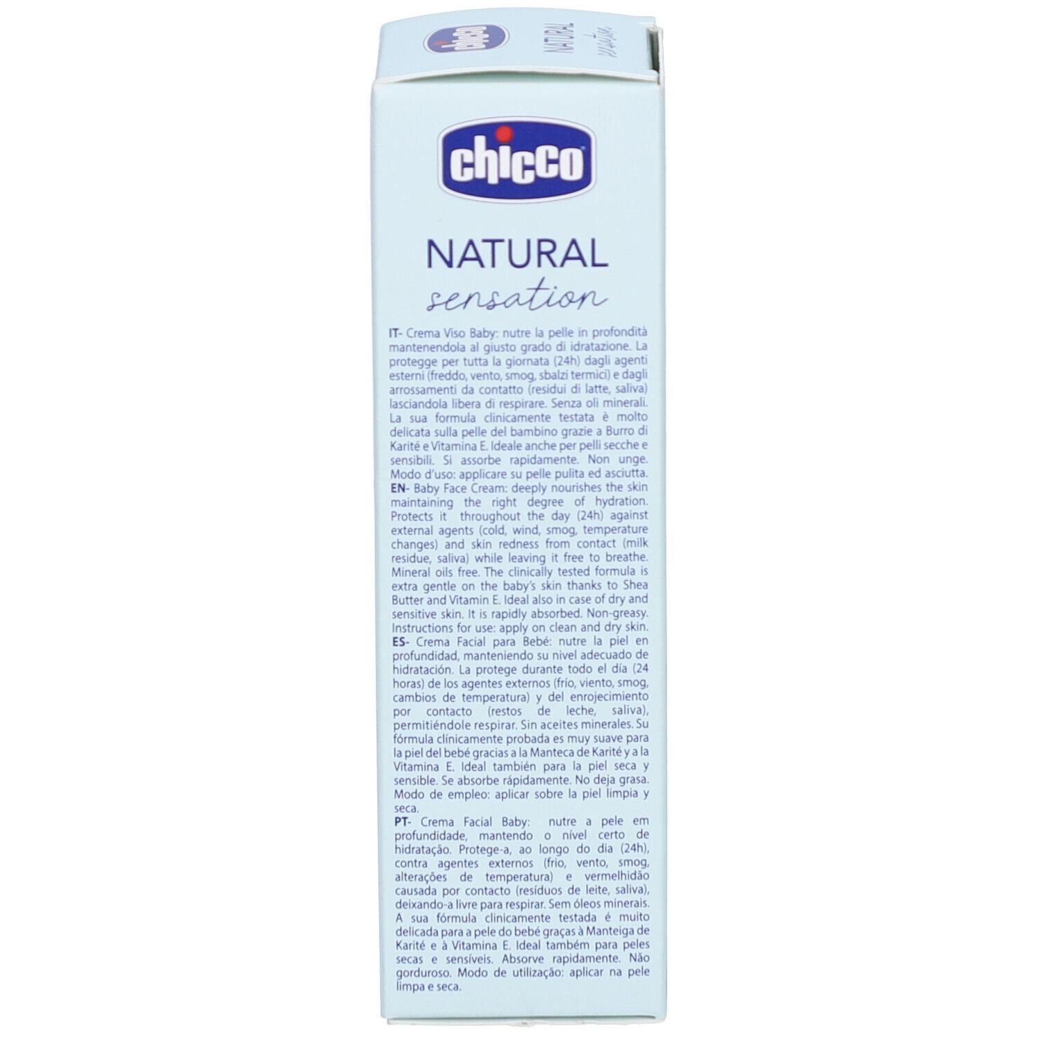 Rückseite der hellblauen Verpackung. Text in mehreren Sprachen. Enthält Informationen über das Produkt und Inhaltsstoffe.