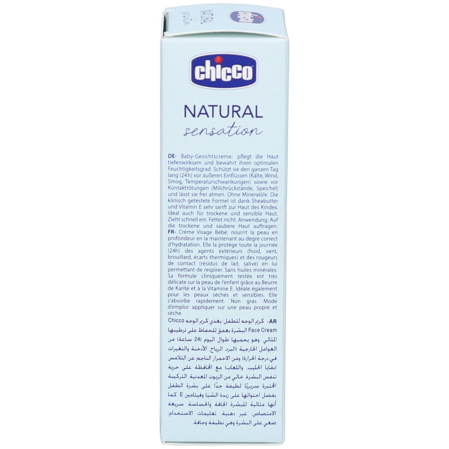 Seite der hellblauen Verpackung. Text in mehreren Sprachen. Enthält Informationen über das Produkt und Anwendung.