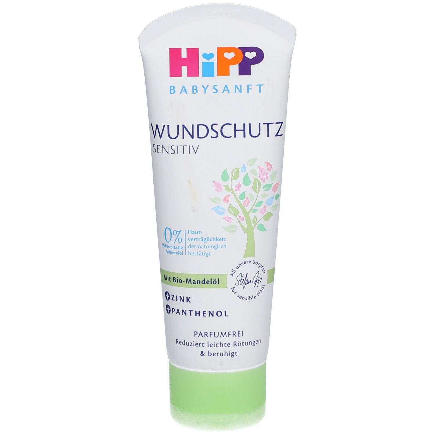 Weiß-grüne Tube HIPP Babysanft Wundschutzcreme. Aufschrift: Wundschutz sensitiv, Bio-Mandelöl, Zink, Panthenol, parfümfrei.