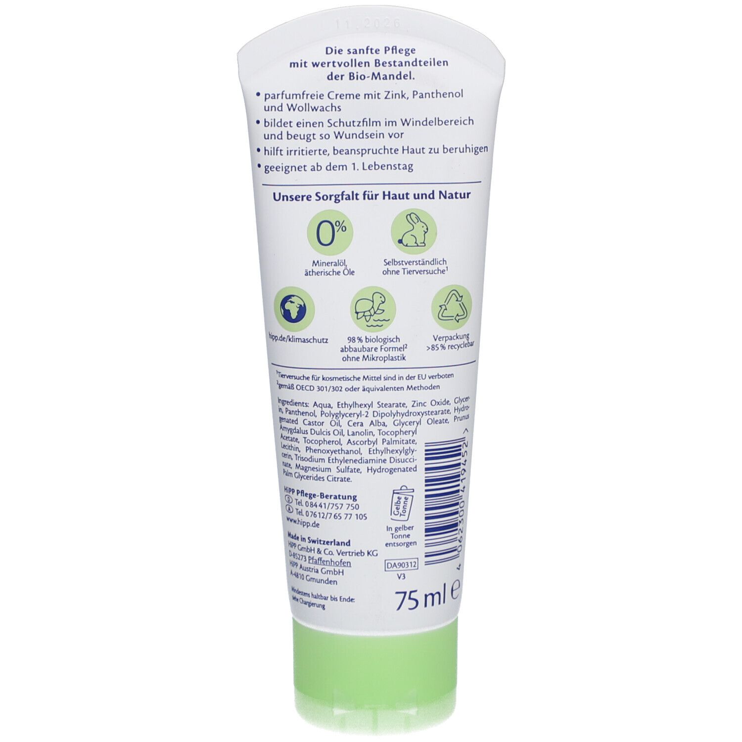 Rückseite der Tube HIPP Babysanft Wundschutzcreme. Text: sanfte Pflege, Bio-Mandelöl, Zink, Panthenol, Wollwachs, schützt, hilft, geeignet ab 1. Lebenstag.