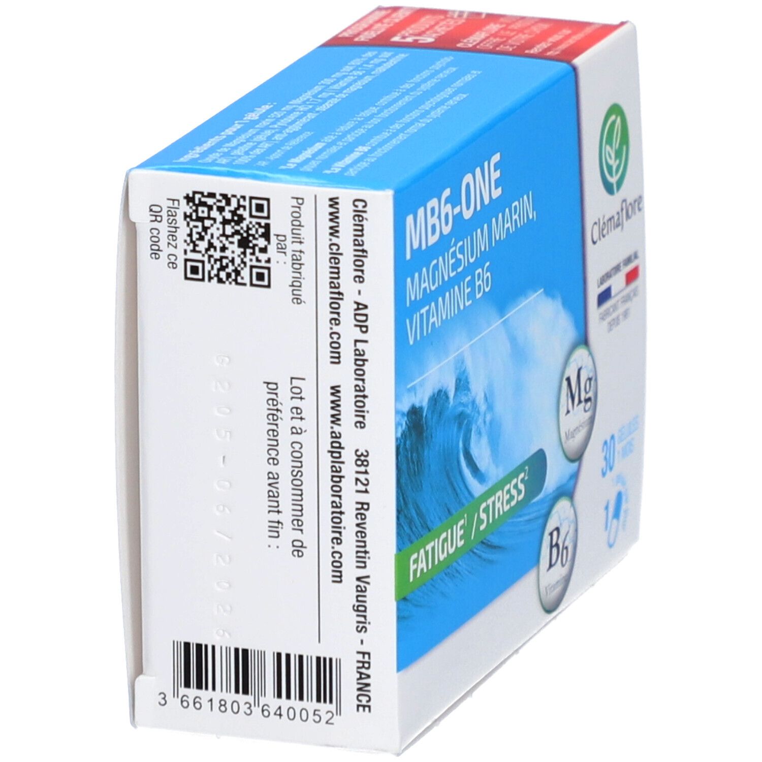 Dos de la boîte MB6-ONE. Informations fabricant, ingrédients et QR code. Marque Clémaflore.