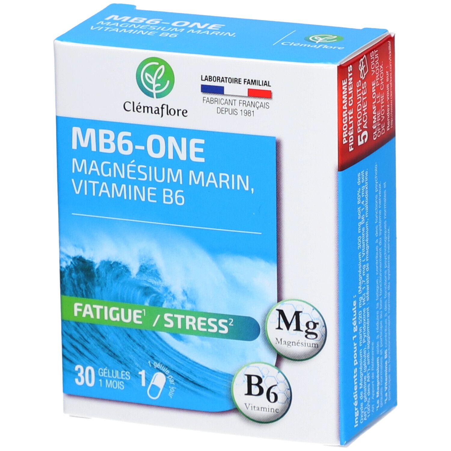 Boîte MB6-ONE, face avant bleue. Contient 30 gélules. Marque Clémaflore. Texte: Magnésium Marin, Vitamine B6.