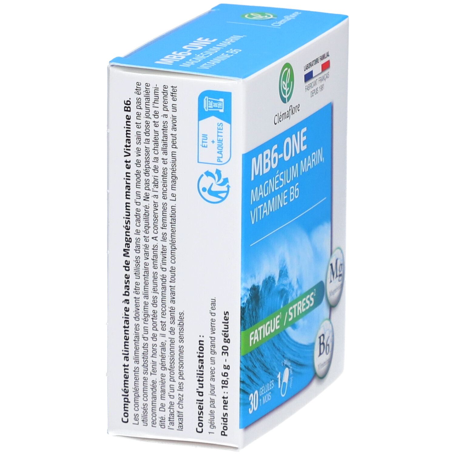 Boîte MB6-ONE avec texte et informations. Contient 30 gélules. Marque Clémaflore. Texte: Magnésium Marin, Vitamine B6.