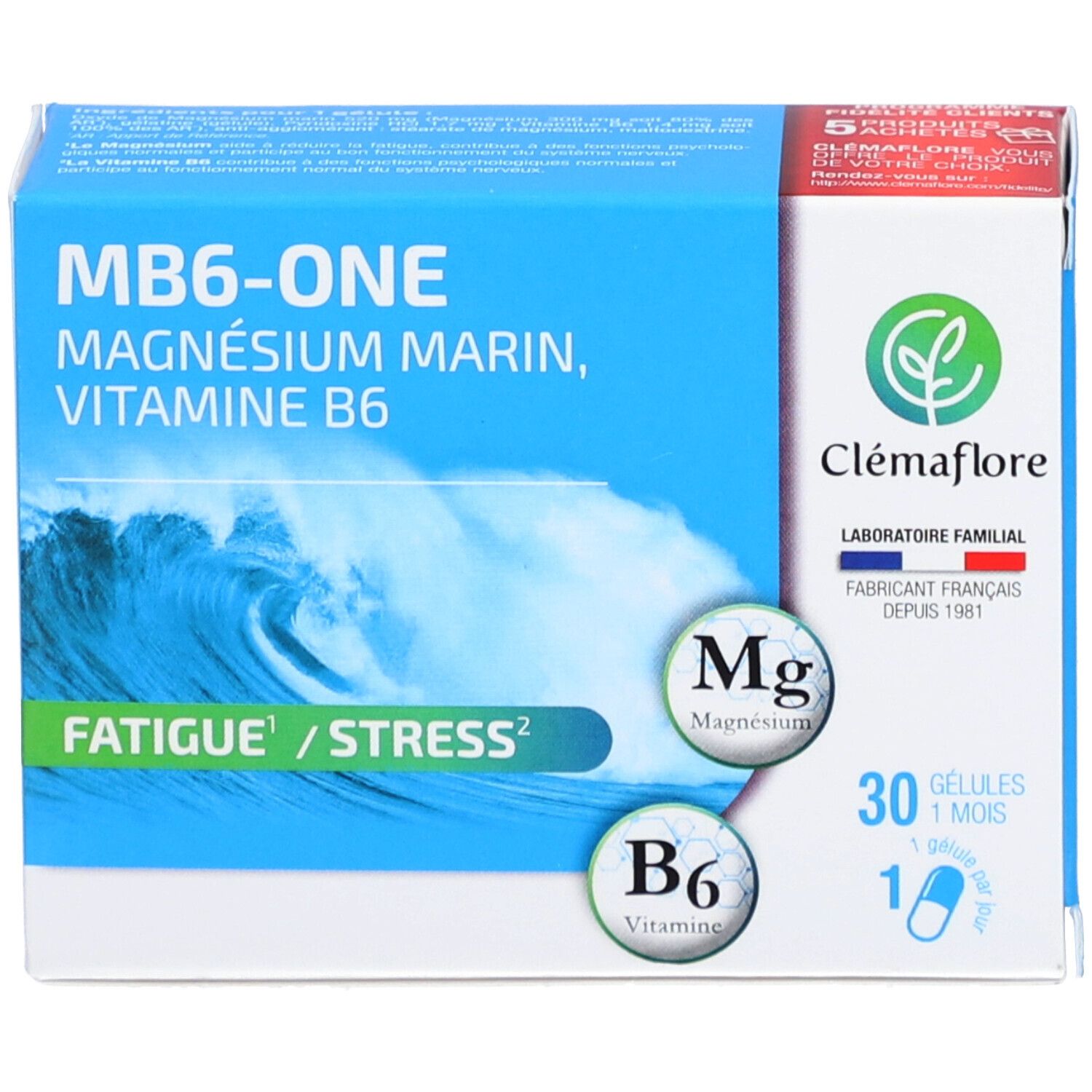 Boîte MB6-ONE, face avant bleue. Contient 30 gélules. Marque Clémaflore. Texte: Magnésium Marin, Vitamine B6.