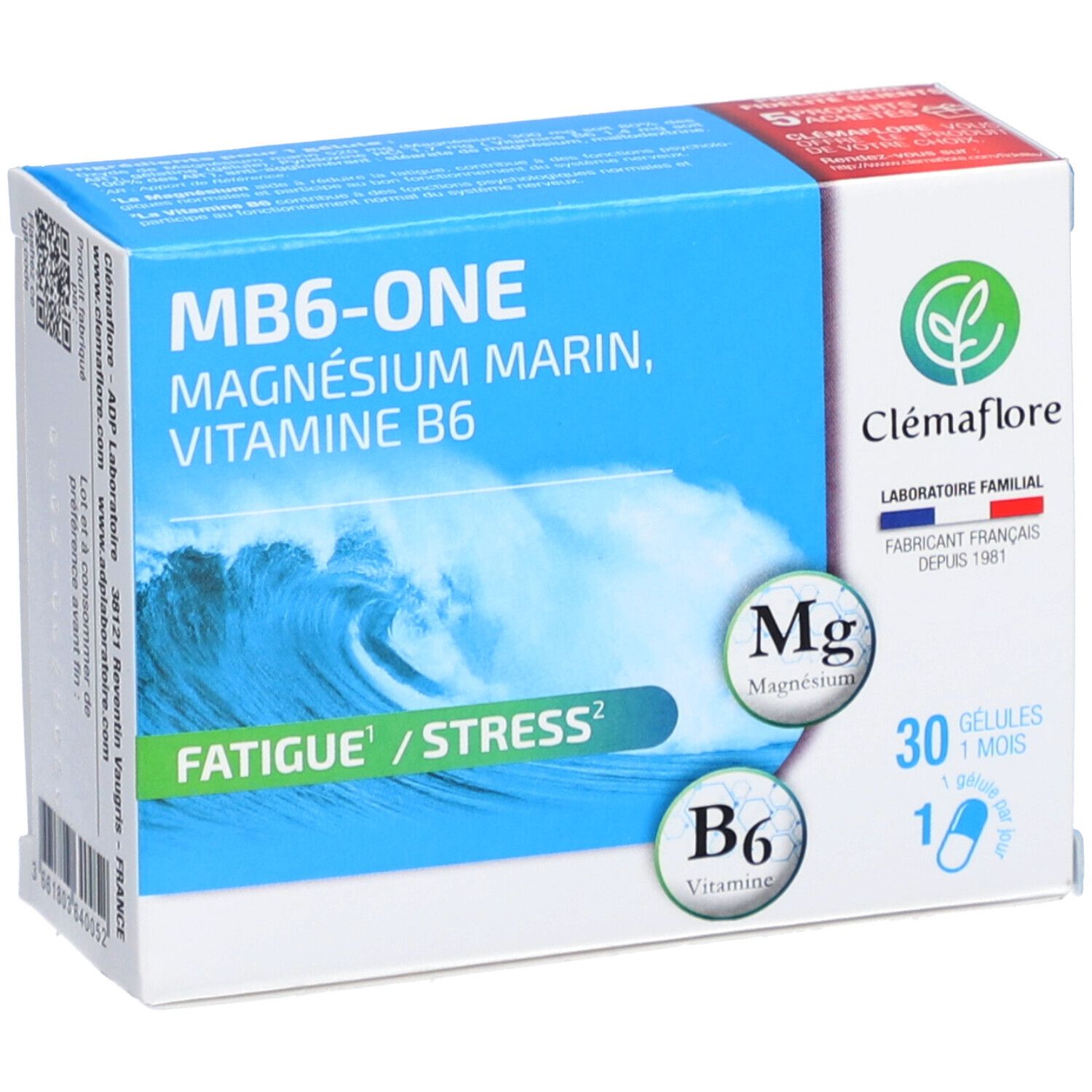 Boîte MB6-ONE, face avant bleue. Contient 30 gélules. Marque Clémaflore. Texte: Magnésium Marin, Vitamine B6.