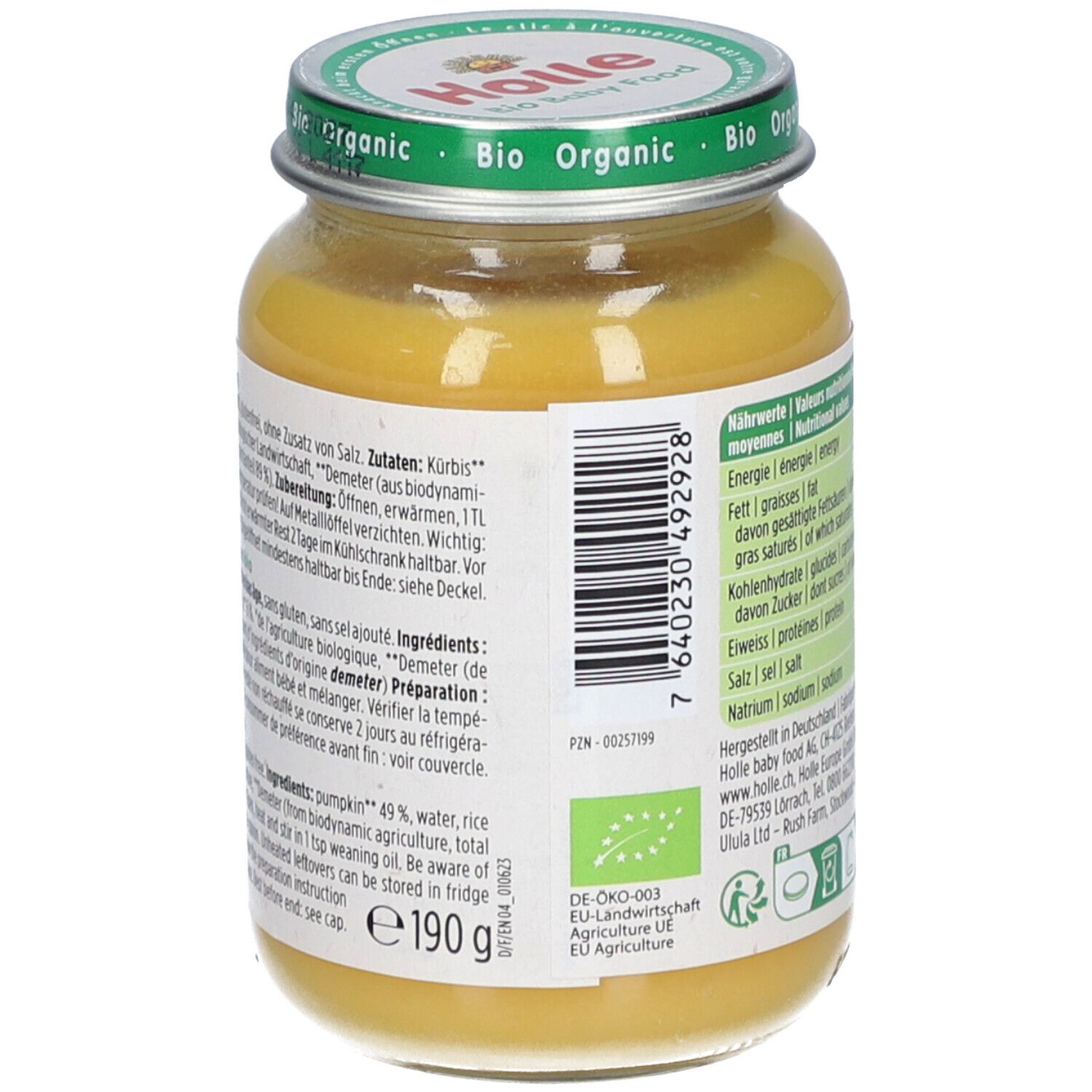 Rückseite des Glases Holle Bio-Organic Kürbis mit Reis. Zutatenliste, Zubereitungshinweise. Demeter-Siegel. 190g.