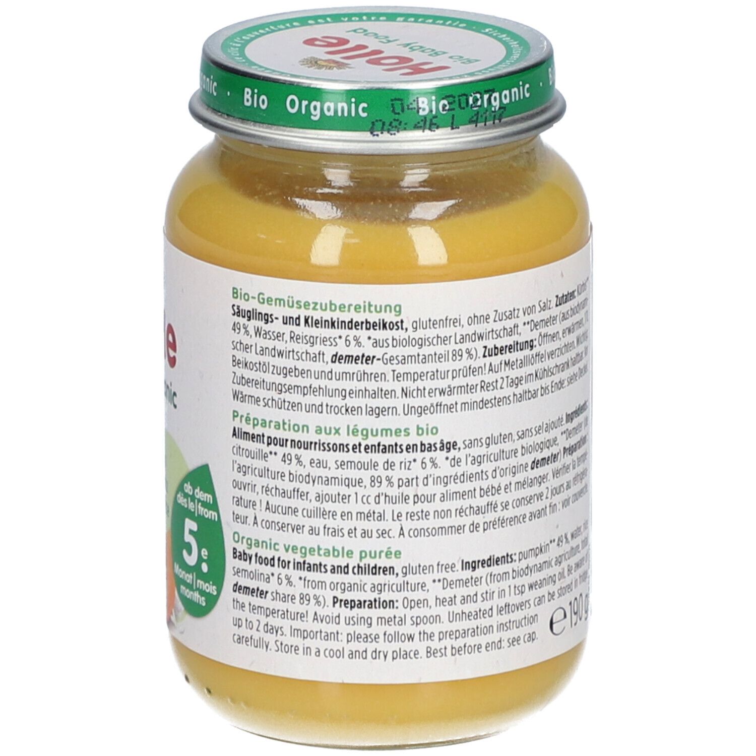 Rückseite des Glases Holle Bio-Organic Kürbis mit Reis. Zutaten, Zubereitung. Demeter-Siegel. 190g. Ab 5 Monaten.