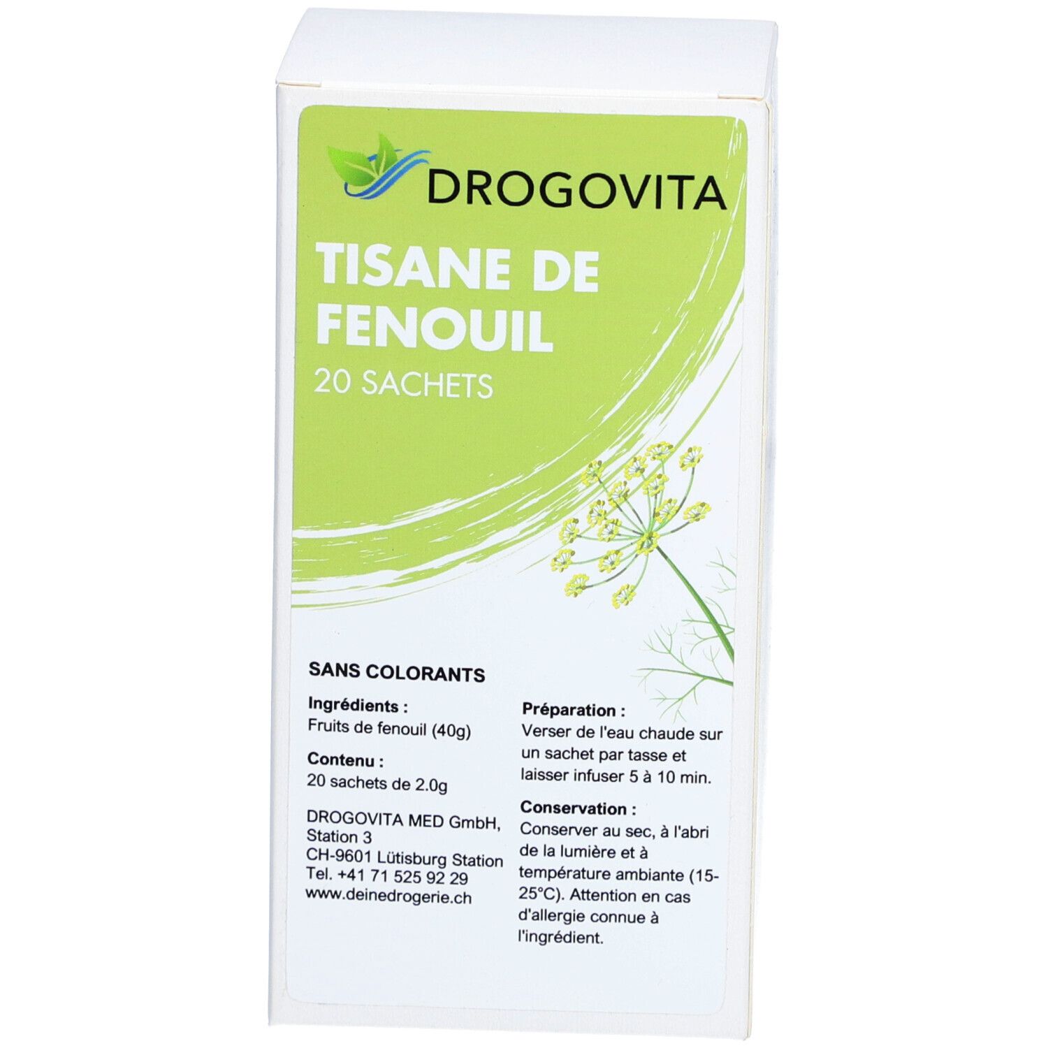 Boîte de Drogovita Tisane de Fenouil. 20 sachets. Design vert et blanc avec texte et illustrations.