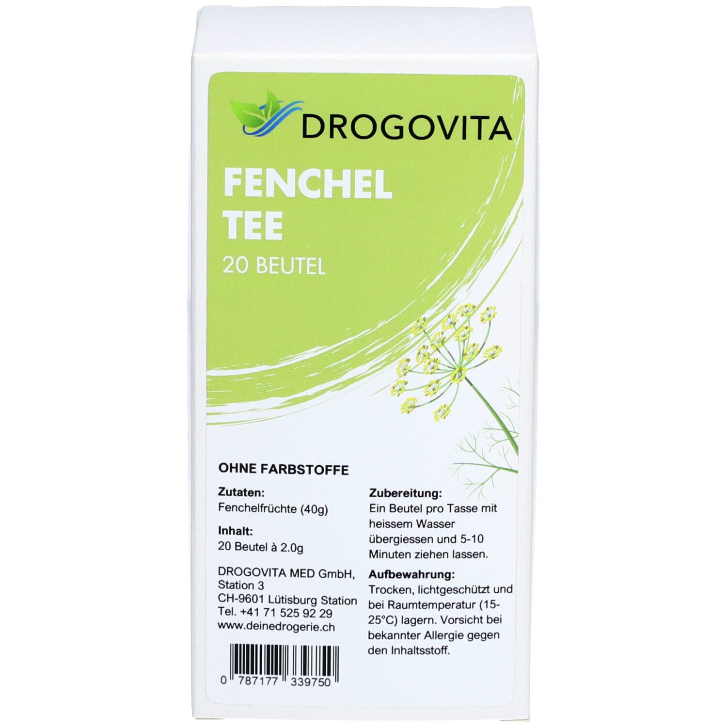 Boîte de Fenchel Tee. 20 sachets. Design vert et blanc avec texte et illustrations.
