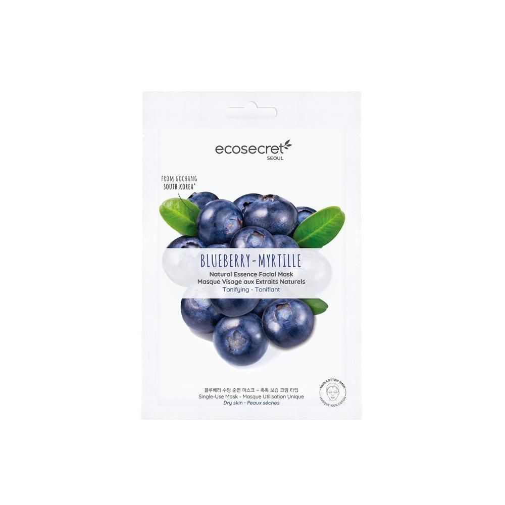 Gesichtsmaske mit Heidelbeeren. Weiße Verpackung mit Produktbild und Schriftzug. Marke: ecosecret.