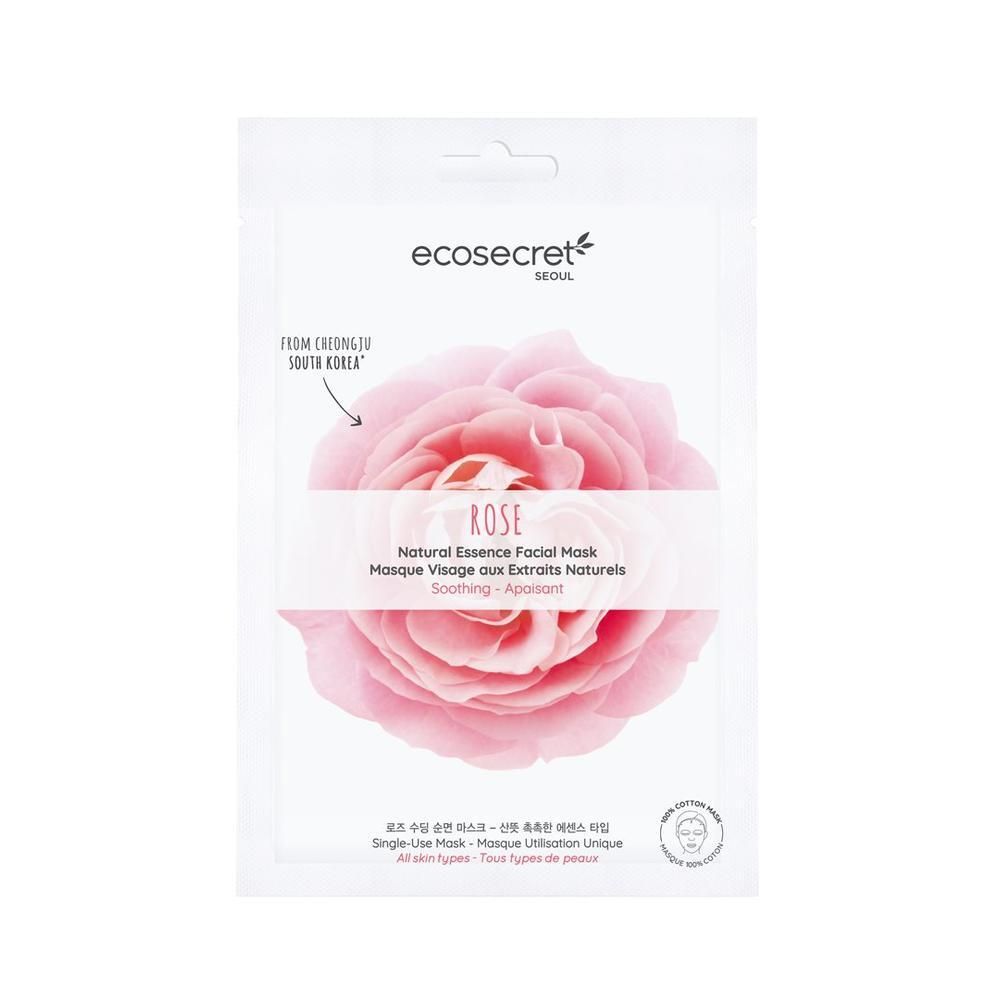 Gesichtsmaske in weißer Verpackung mit Rosenmotiv. Text: ecosecret, ROSE, Natural Essence Facial Mask. Herkunft: Südkorea. Für alle Hauttypen.