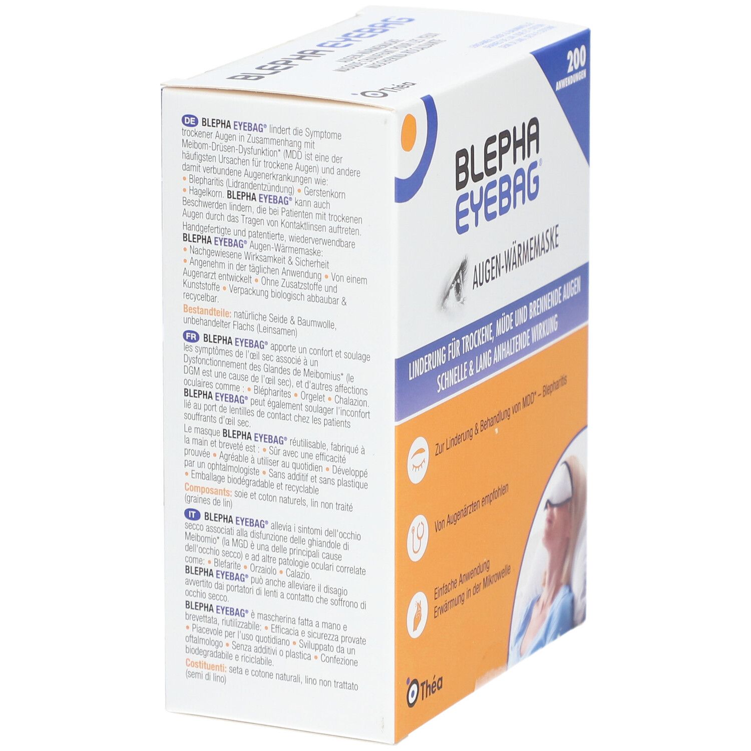 Verpackung von Blepha Eyebag Augen-Wärmemaske. Text in Deutsch, Französisch, Italienisch. Enthält 200 Anwendungen. Beschreibung der Inhaltsstoffe und Anwendung.
