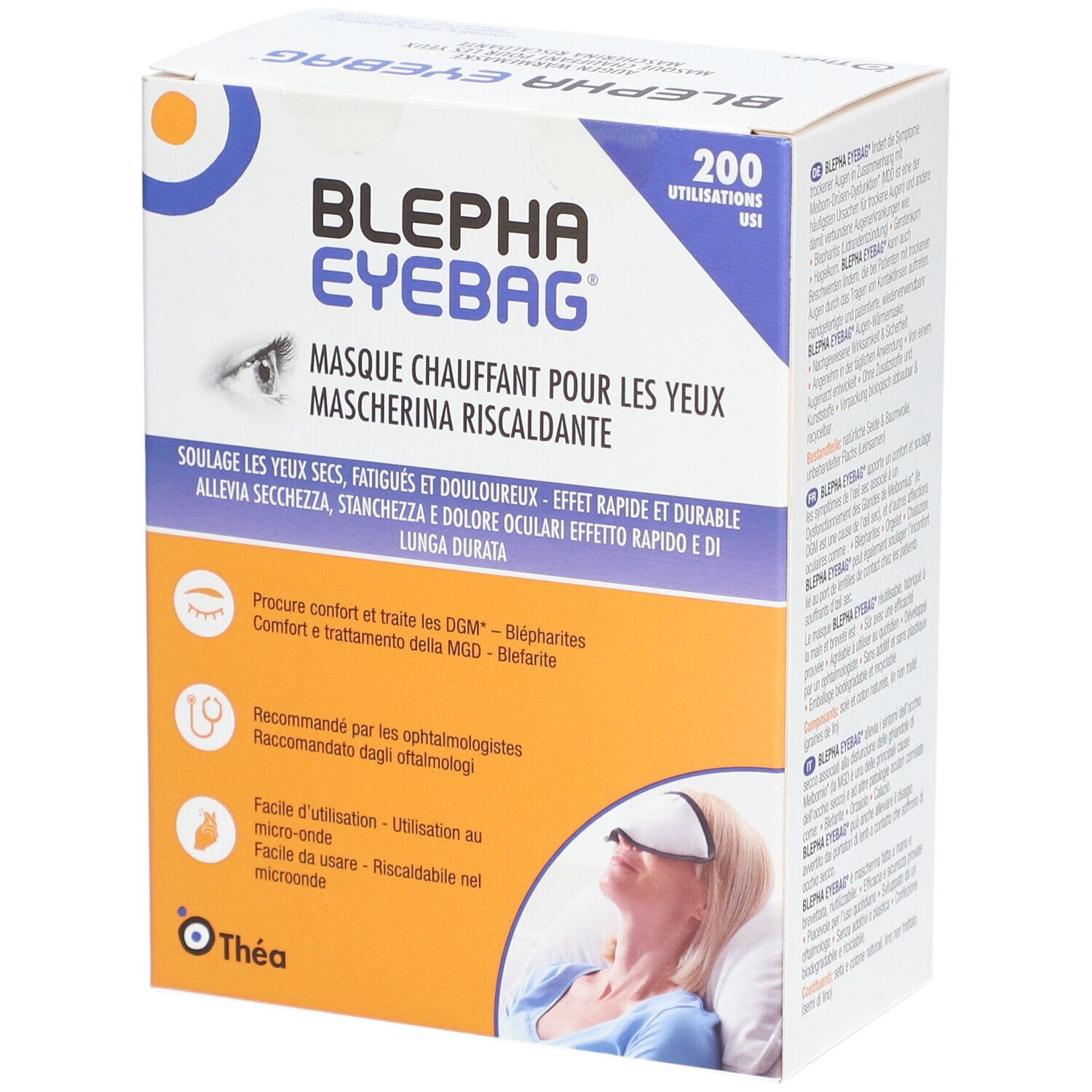 Verpackung von Blepha Eyebag Augen-Wärmemaske. Text in Französisch und Italienisch. Enthält 200 Anwendungen. Beschreibung der Anwendung und Inhaltsstoffe.