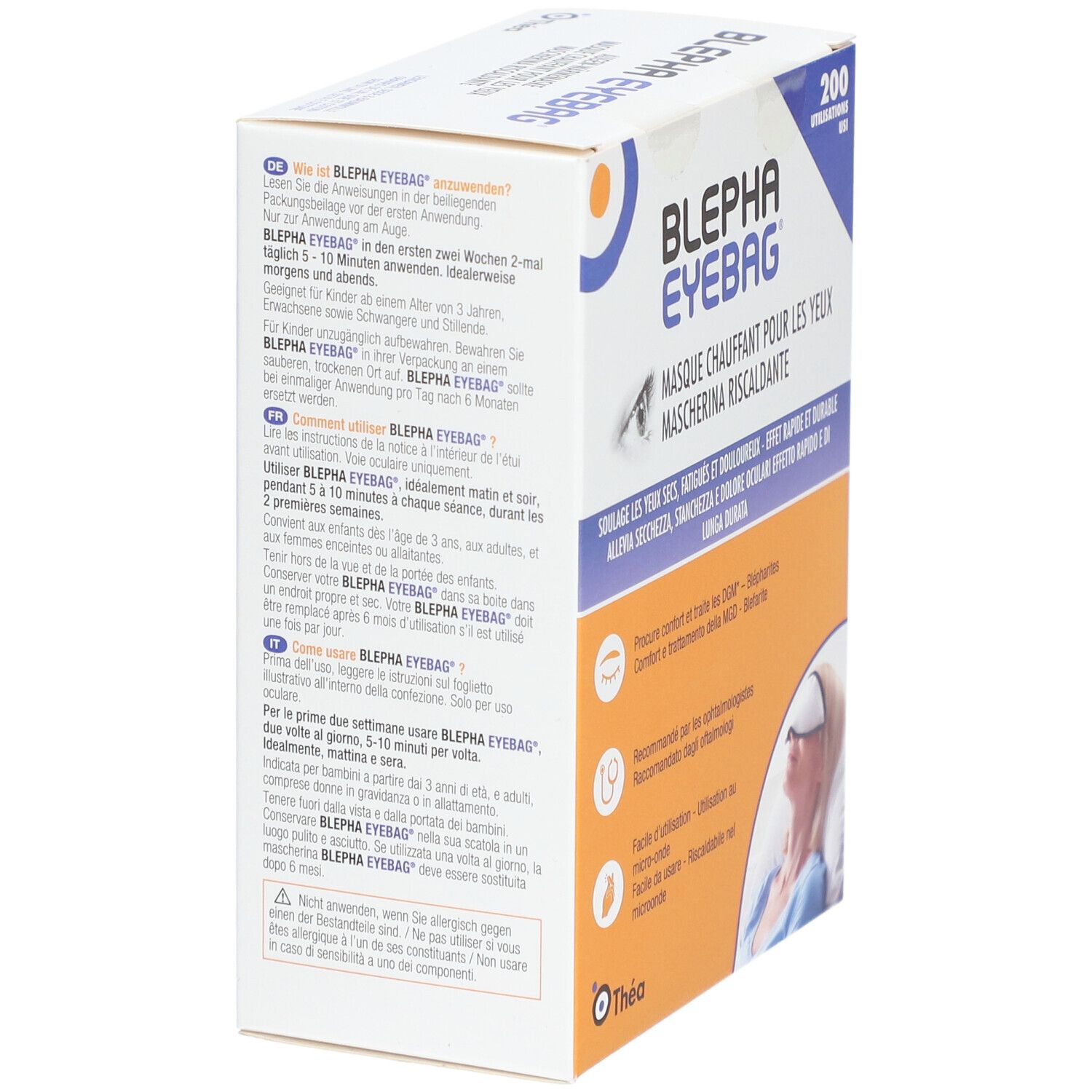 Verpackung von Blepha Eyebag Augen-Wärmemaske. Text in Deutsch, Französisch, Italienisch. Enthält 200 Anwendungen. Gebrauchsanweisung und Warnhinweise.