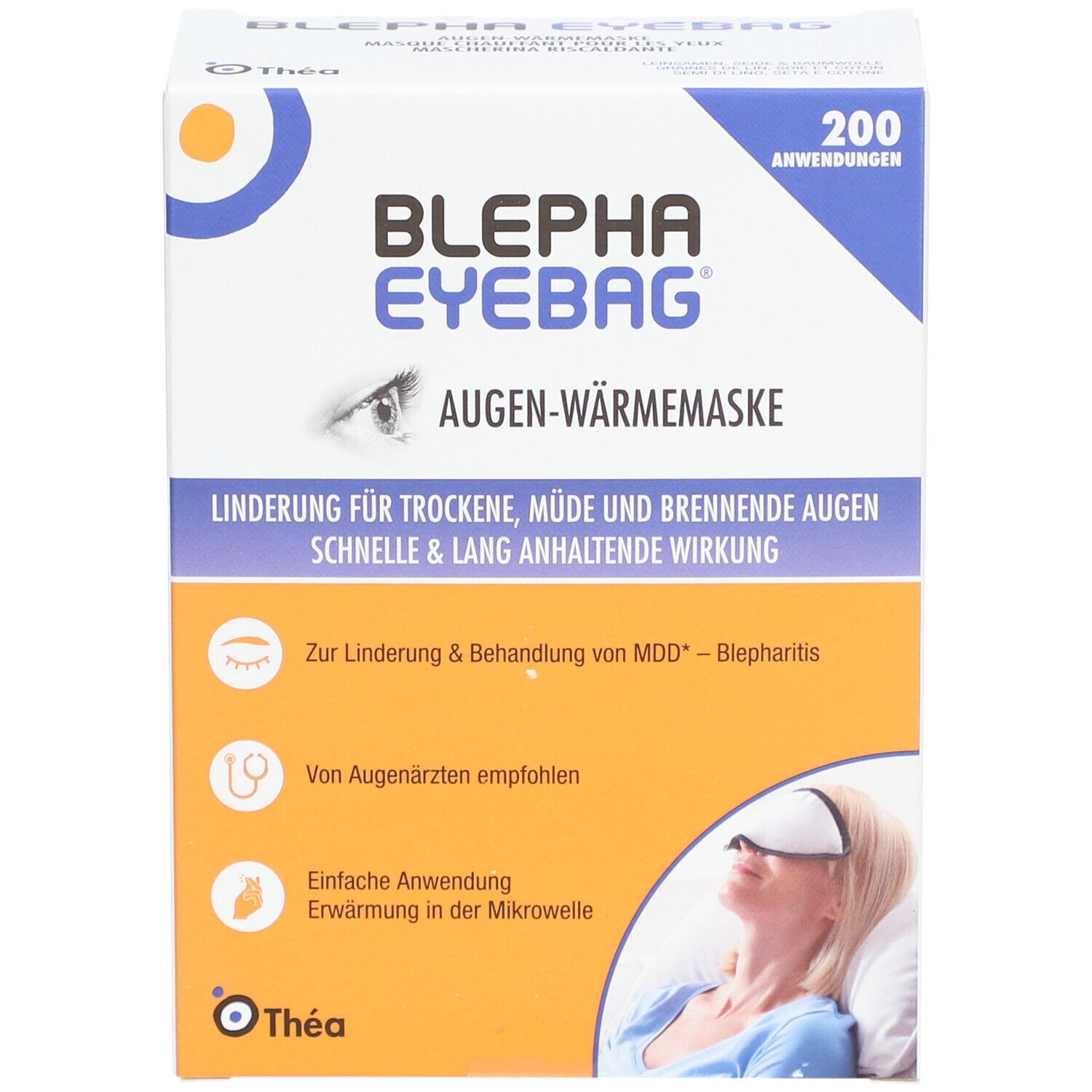 Verpackung von Blepha Eyebag Augen-Wärmemaske. Enthält 200 Anwendungen. Aufdrucke: Augen-Wärmemaske, lindert trockene Augen. Empfohlen von Augenärzten.
