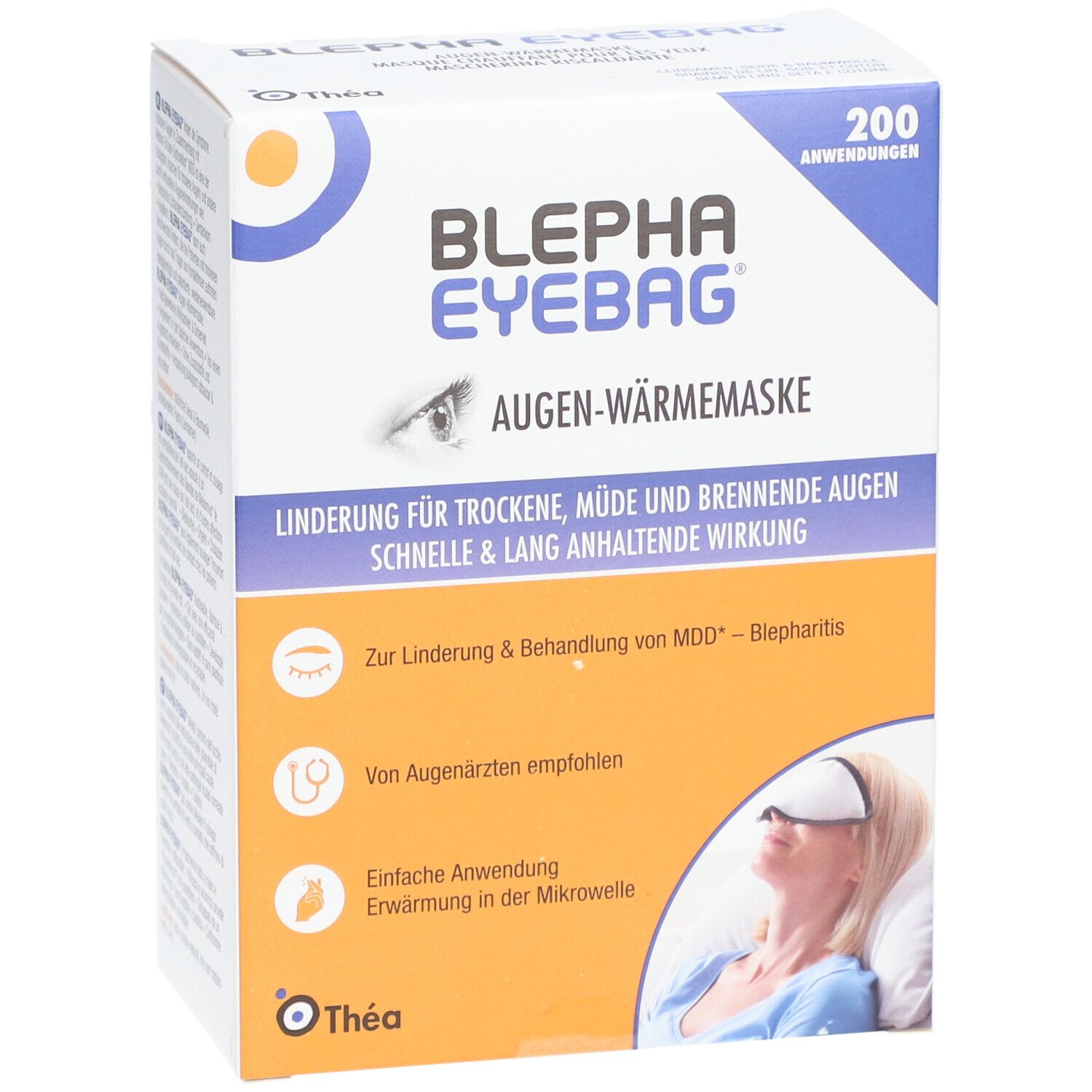 Verpackung von Blepha Eyebag Augen-Wärmemaske. Enthält 200 Anwendungen. Aufdrucke: Augen-Wärmemaske, lindert trockene Augen. Empfohlen von Augenärzten.