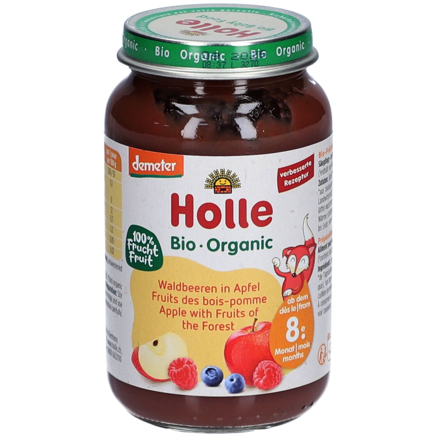 Glas mit Holle Bio-Organic Babynahrung. Aufschrift: Waldbeeren in Apfel. 100% Frucht. Demeter-Siegel. Für Babys ab 8 Monaten.