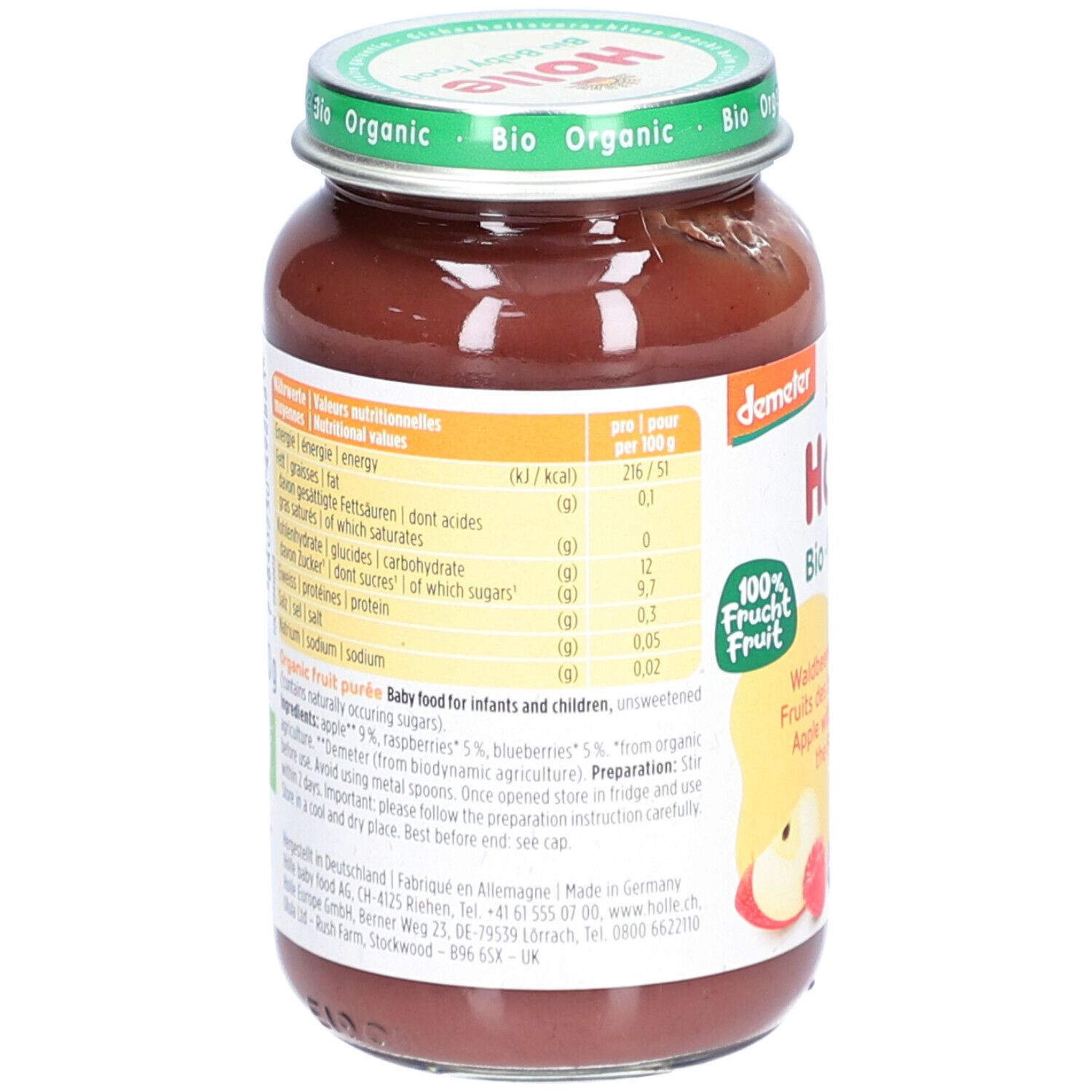 Rückseite des Glases mit Holle Bio-Organic Babynahrung. Nährwertangaben, Zutaten, Zubereitungshinweise. Demeter-Siegel. 100% Frucht.