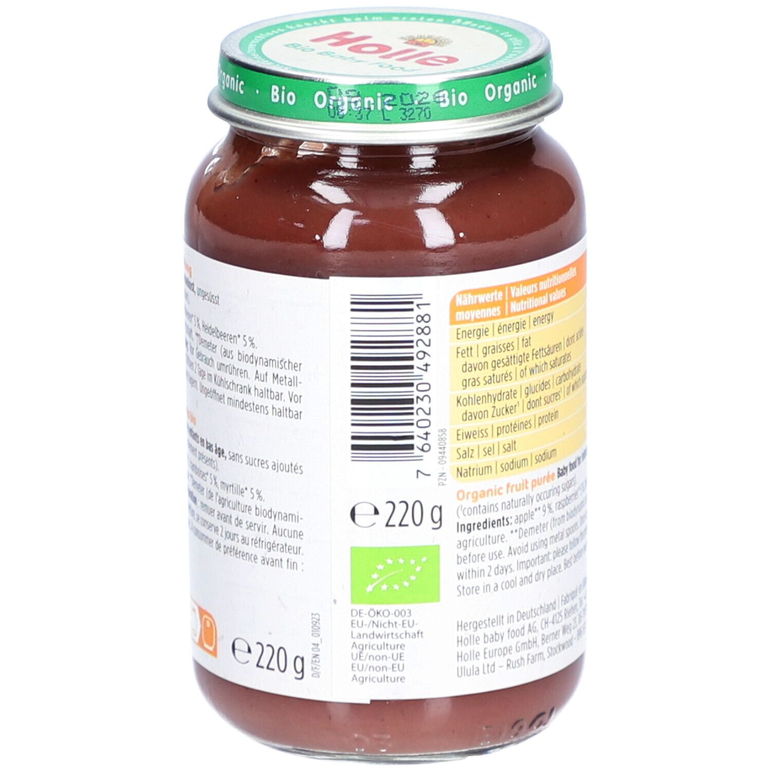 Rückseite des Glases mit Holle Bio-Organic Babynahrung. Barcode, Zutatenliste, e220g, Demeter-Siegel. Für Babys ab 8 Monaten.