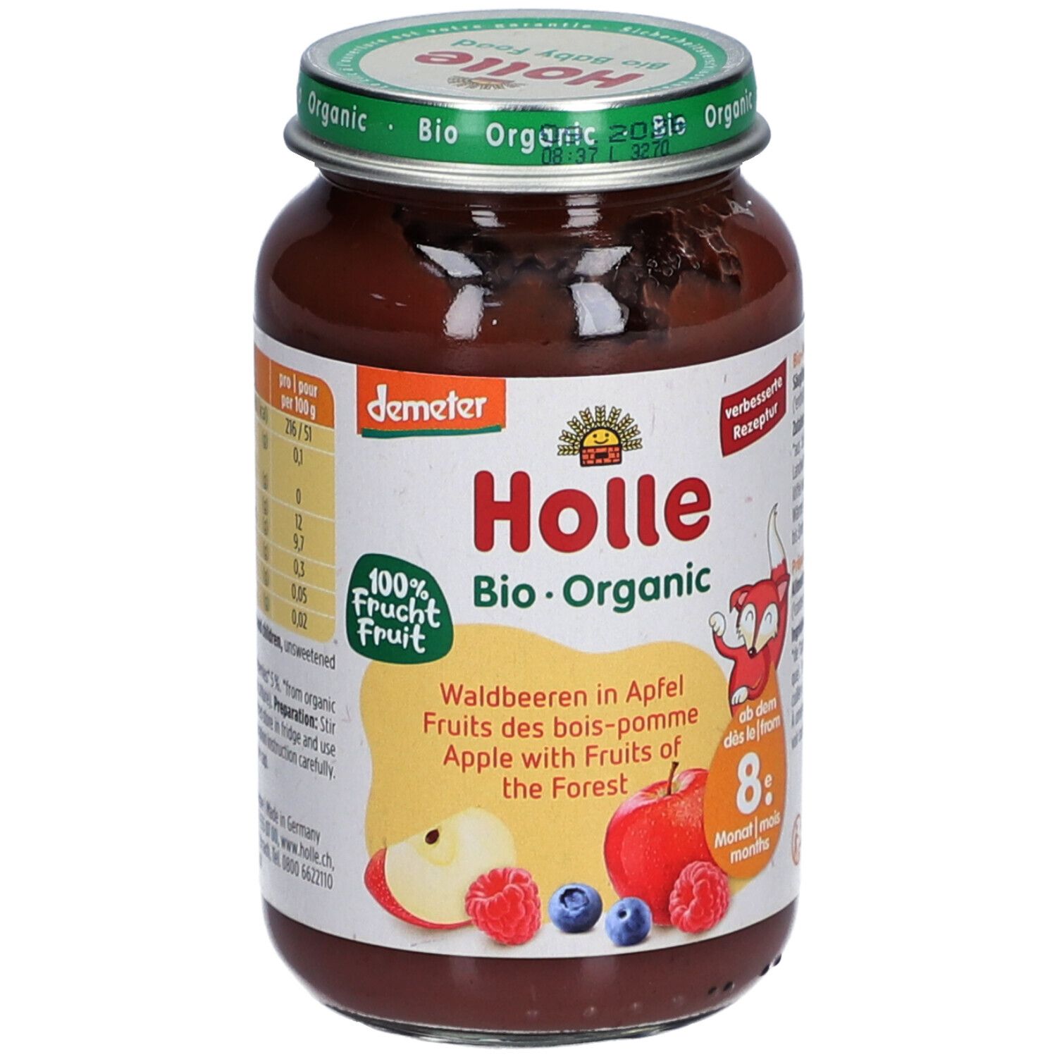 Glas mit Holle Bio-Organic Babynahrung. Aufschrift: Waldbeeren in Apfel. 100% Frucht. Demeter-Siegel. Für Babys ab 8 Monaten.