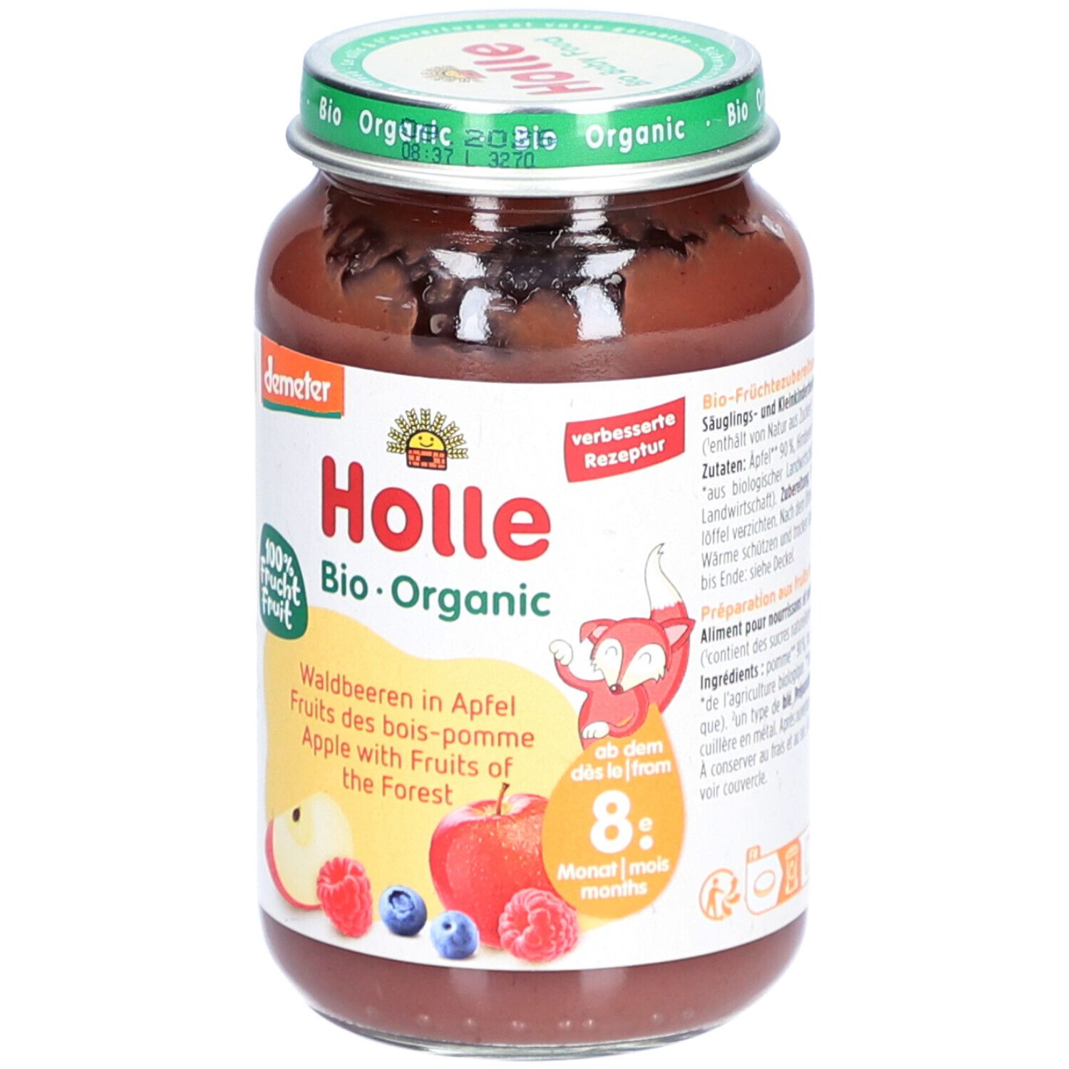 Glas mit Holle Bio-Organic Babynahrung. Aufschrift: Waldbeeren in Apfel. 100% Frucht. Demeter-Siegel. Für Babys ab 8 Monaten.