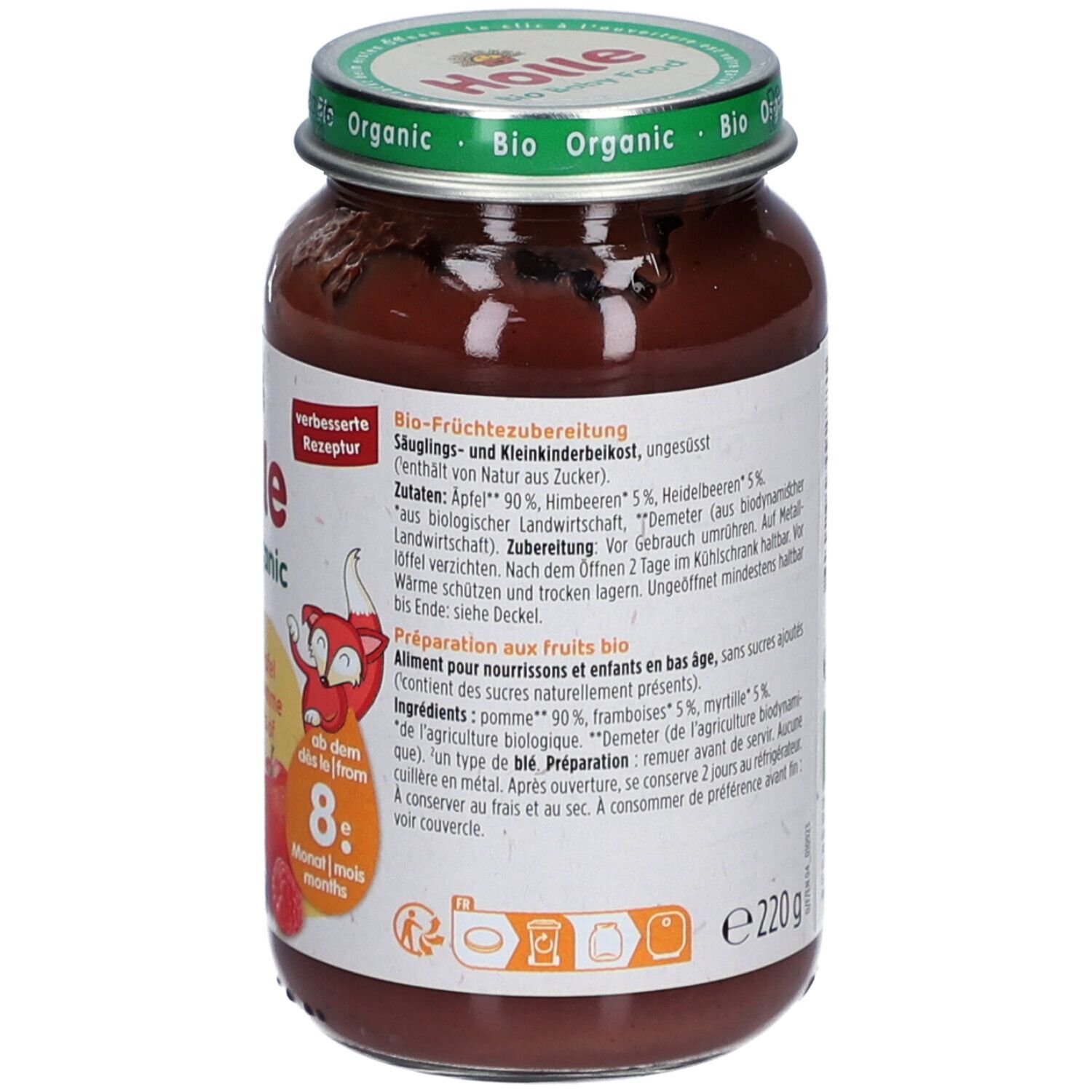 Rückseite des Glases mit Holle Bio-Organic Babynahrung. Zutaten, Zubereitungshinweise, e220g, Demeter-Siegel. Für Babys ab 8 Monaten.