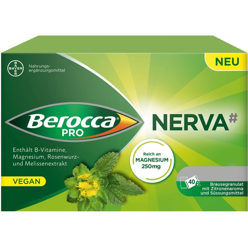 Grüne Verpackung von Berocca PRO NERVA. Enthält B-Vitamine, Magnesium, Rosenwurz- und Melissenextrakt. Vegan. 40 Brausegranulat.