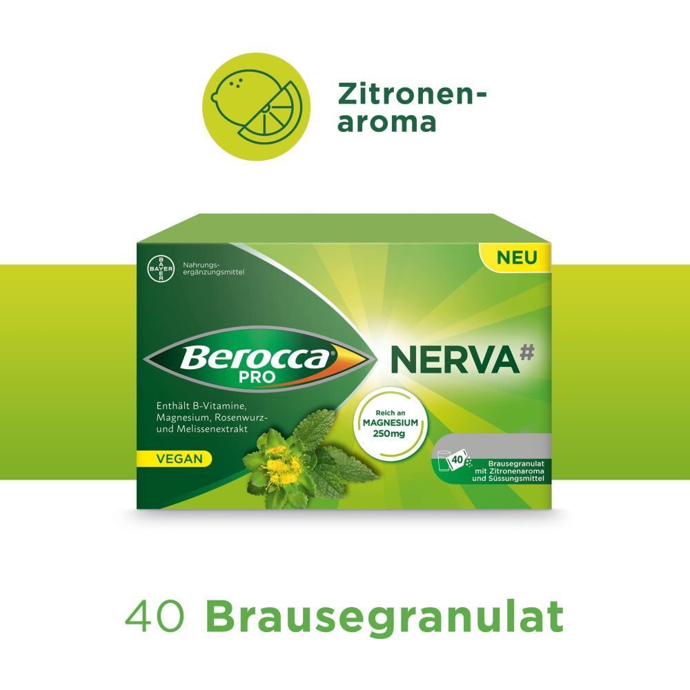 Grüne Verpackung von Berocca PRO NERVA. 40 Brausegranulat. Zitrone-Aroma. Enthält B-Vitamine, Magnesium, Rosenwurz- und Melissenextrakt.