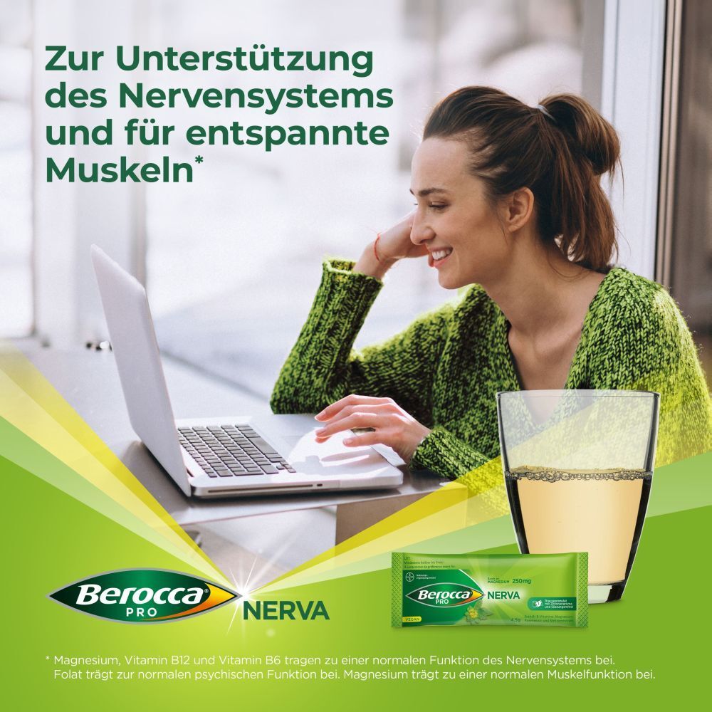 Frau mit Laptop und Glas. Berocca PRO NERVA-Packung und Glas mit Brausegranulat. Text: Zur Unterstützung des Nervensystems und für entspannte Muskeln.