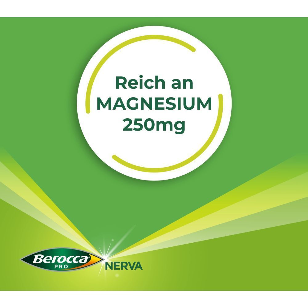 Kreis mit Text: Reich an Magnesium 250mg. Berocca PRO NERVA Logo. Grüner Hintergrund.