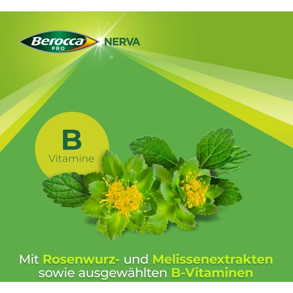 Blüten und Blätter. Text: Mit Rosenwurz- und Melissenextrakten sowie ausgewählten B-Vitaminen. B-Vitamine.