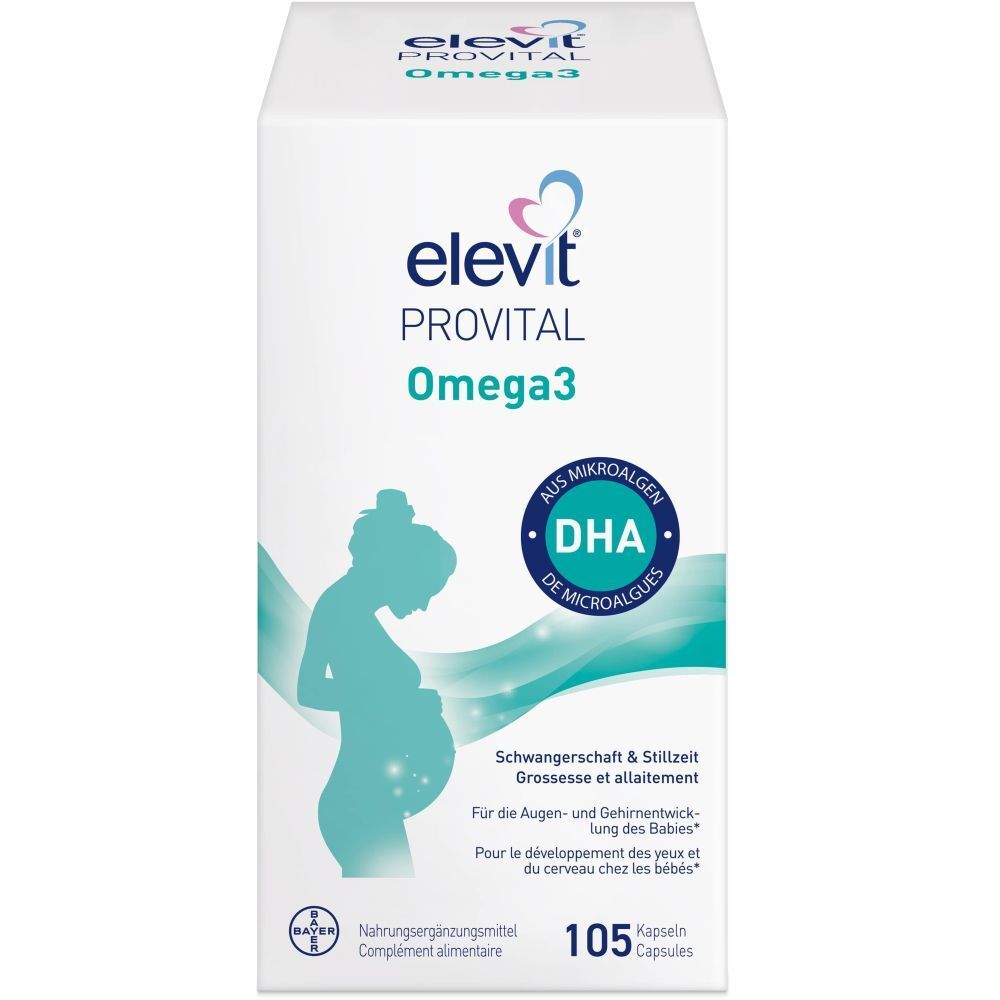 Verpackung von ELEVIT PROVITAL Omega3. Enthält 105 Kapseln. Mit DHA aus Mikroalgen. Für Schwangerschaft & Stillzeit.