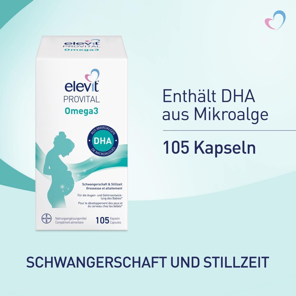 Verpackung von ELEVIT PROVITAL Omega3. Enthält 105 Kapseln. DHA aus Mikroalgen. Für Schwangerschaft & Stillzeit.