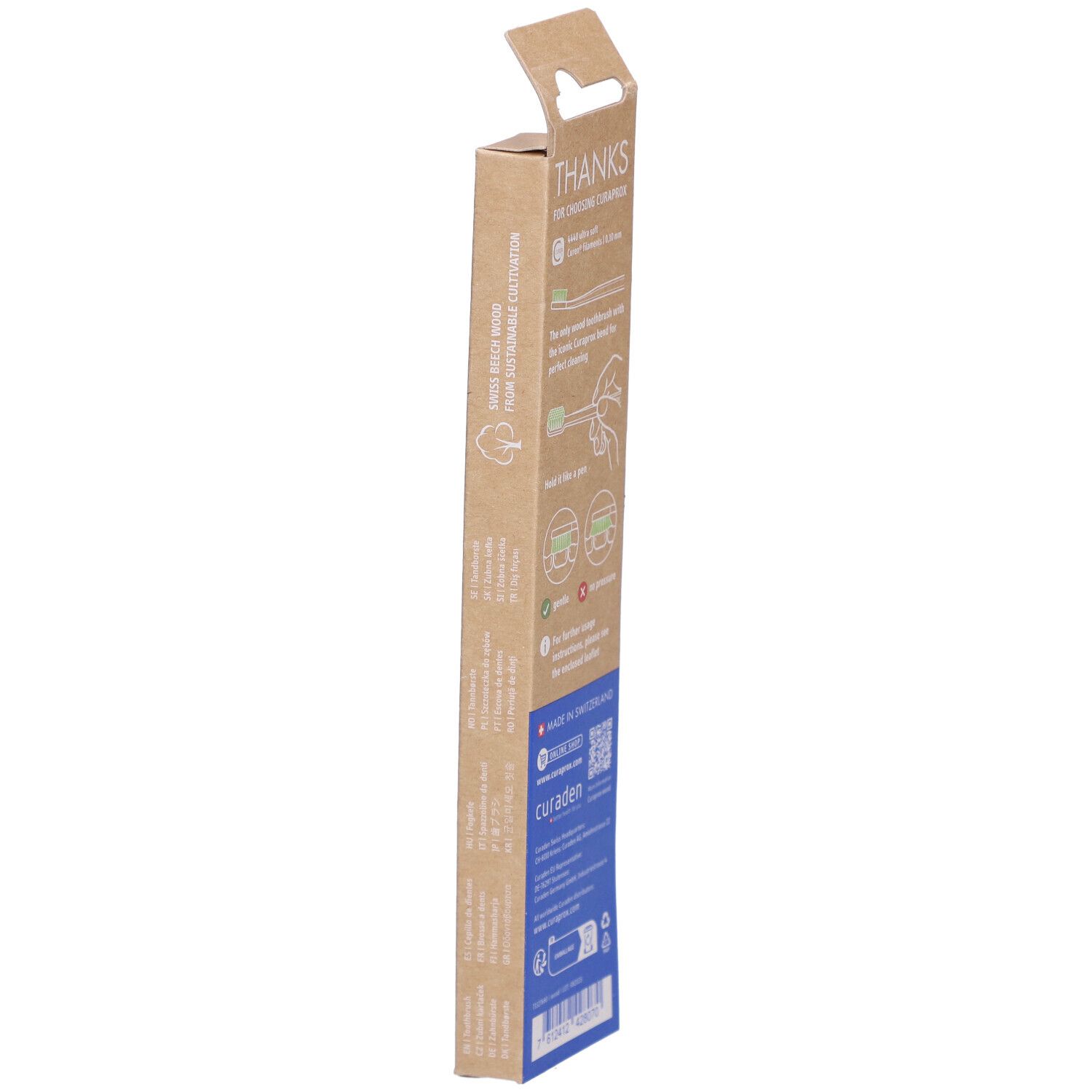 Rückseite der Zahnbürstenverpackung. Text und Illustrationen. Marke curaden, QR-Code, Schweizer Herkunft.