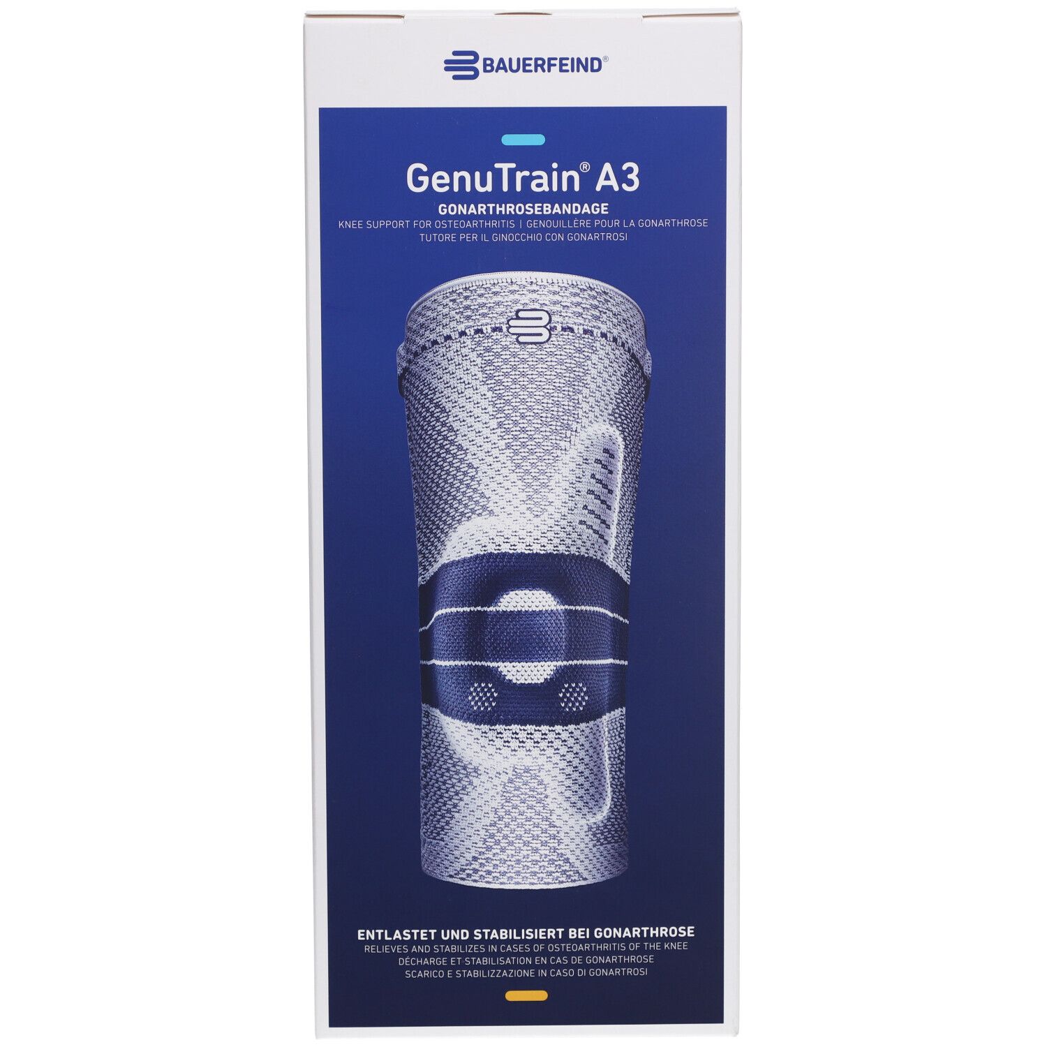 Bauerfeind GenuTrain A3 Kniebandage in Verpackung. Blau-weißes Design, Produktabbildung, Schriftzug.