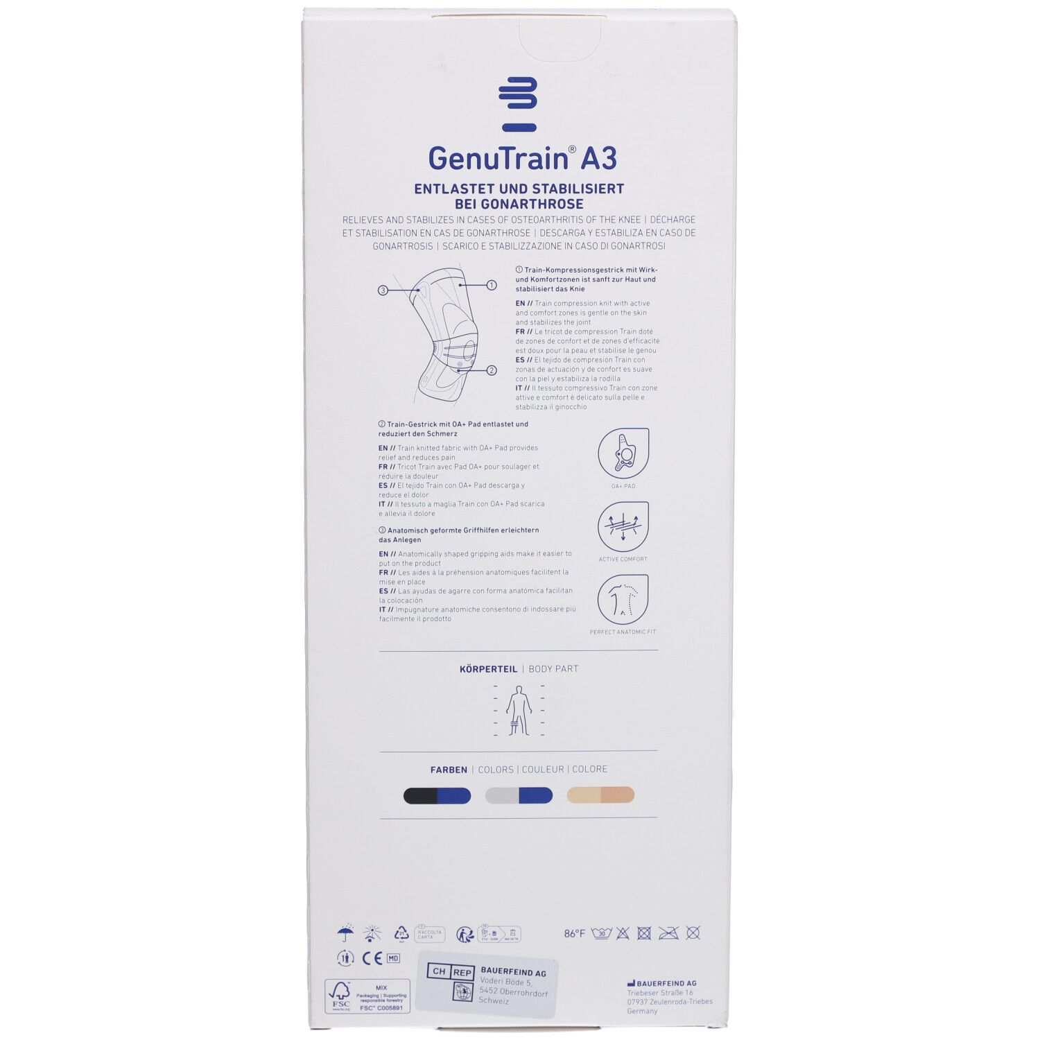 Rückseite der Verpackung der Bauerfeind GenuTrain A3 Kniebandage. Text, Illustrationen, Farbauswahl.