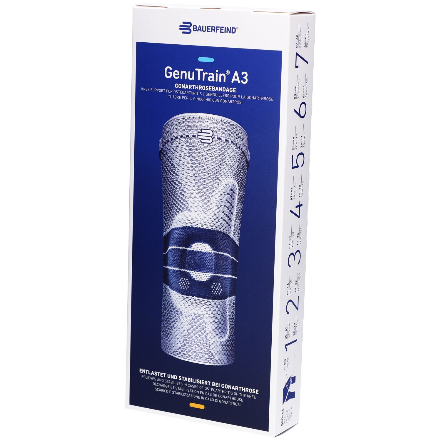 Bauerfeind GenuTrain A3 Kniebandage in Verpackung. Produktabbildung mit Größenangaben. Text: Entlastet und stabilisiert bei Gonarthrose.